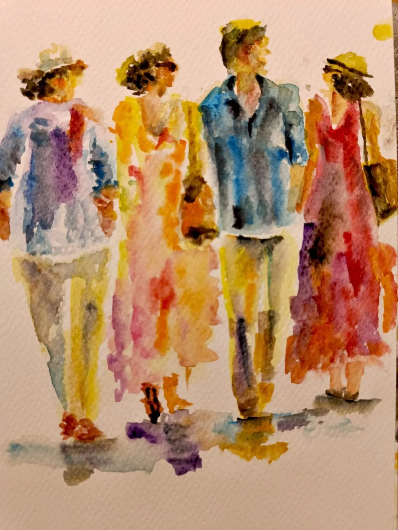 Watercolor painting of four people standing together, dressed in colorful clothing, on textured paper.