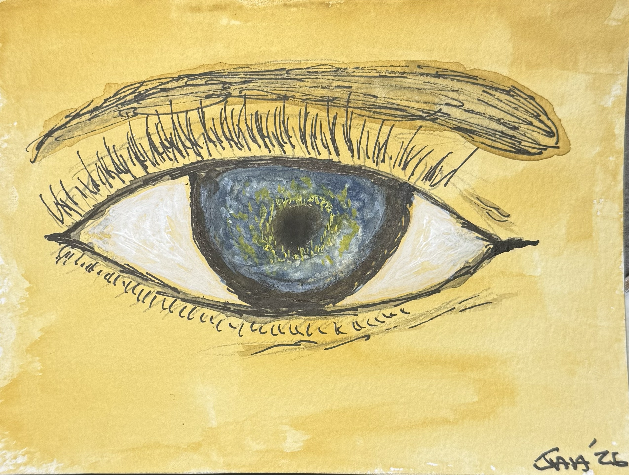 A detailed sketch of a human eye, including eyelashes, iris, and pupil, drawn with black ink on yellow paper with some handwritten notes around it.