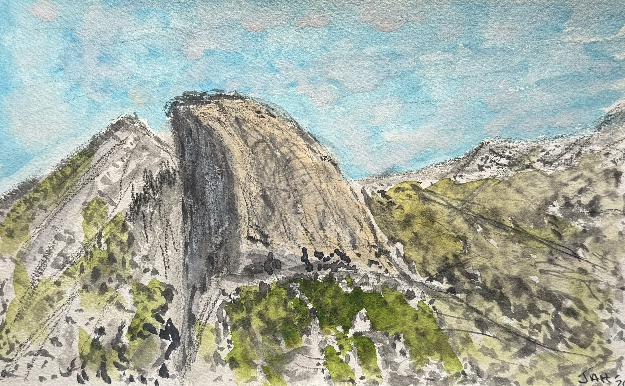 A watercolor painting of a mountain landscape with a blue sky and scattered clouds. The foreground features green trees and rocky terrain, with a prominent large mountain peak in the center.