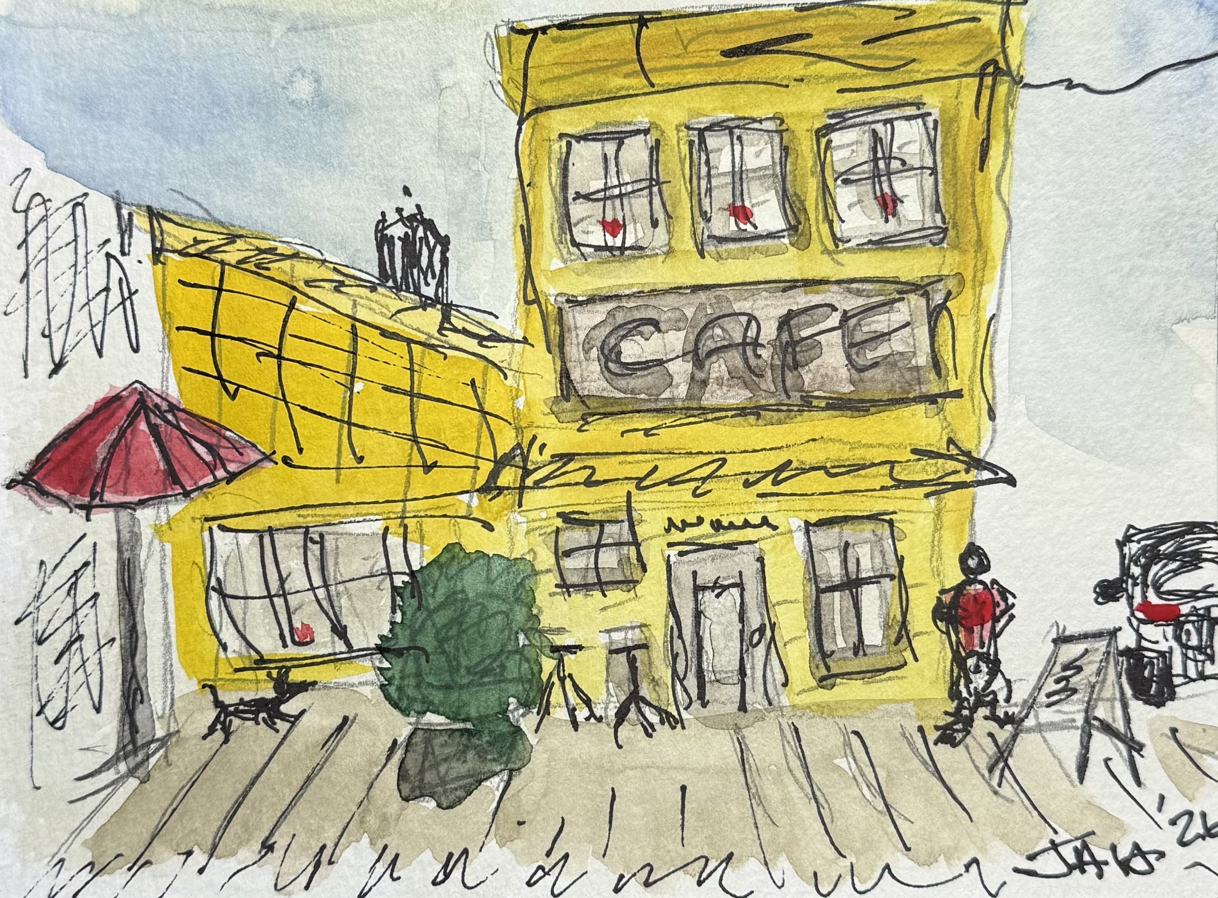 Watercolor sketch of a yellow cafe building with three large windows, a sign that says 'CAFE,' a red umbrella in the foreground, and small figures walking outside.
