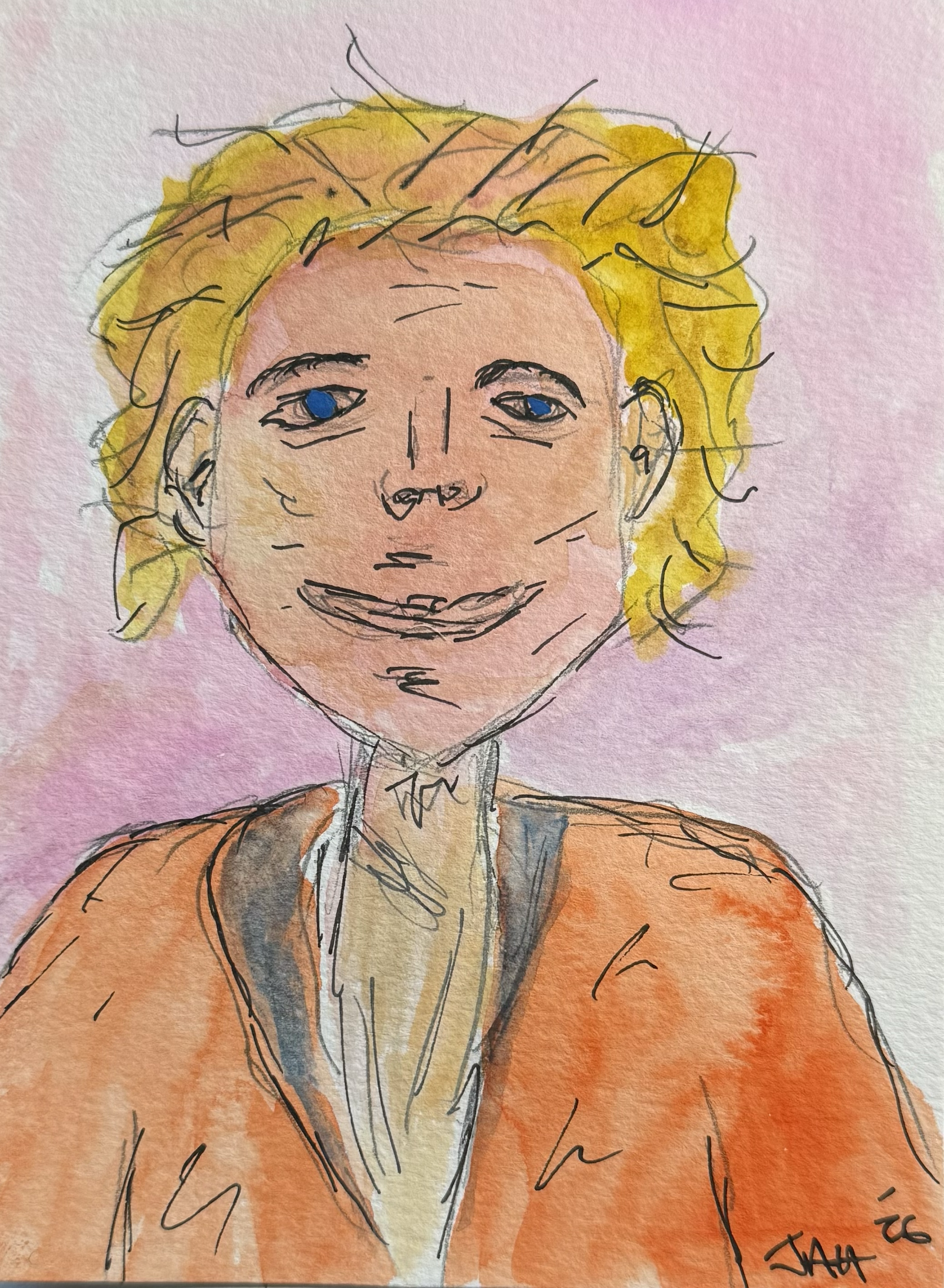A watercolor portrait of a smiling man with blonde, curly hair wearing an orange jacket and white shirt, set against a pink background.