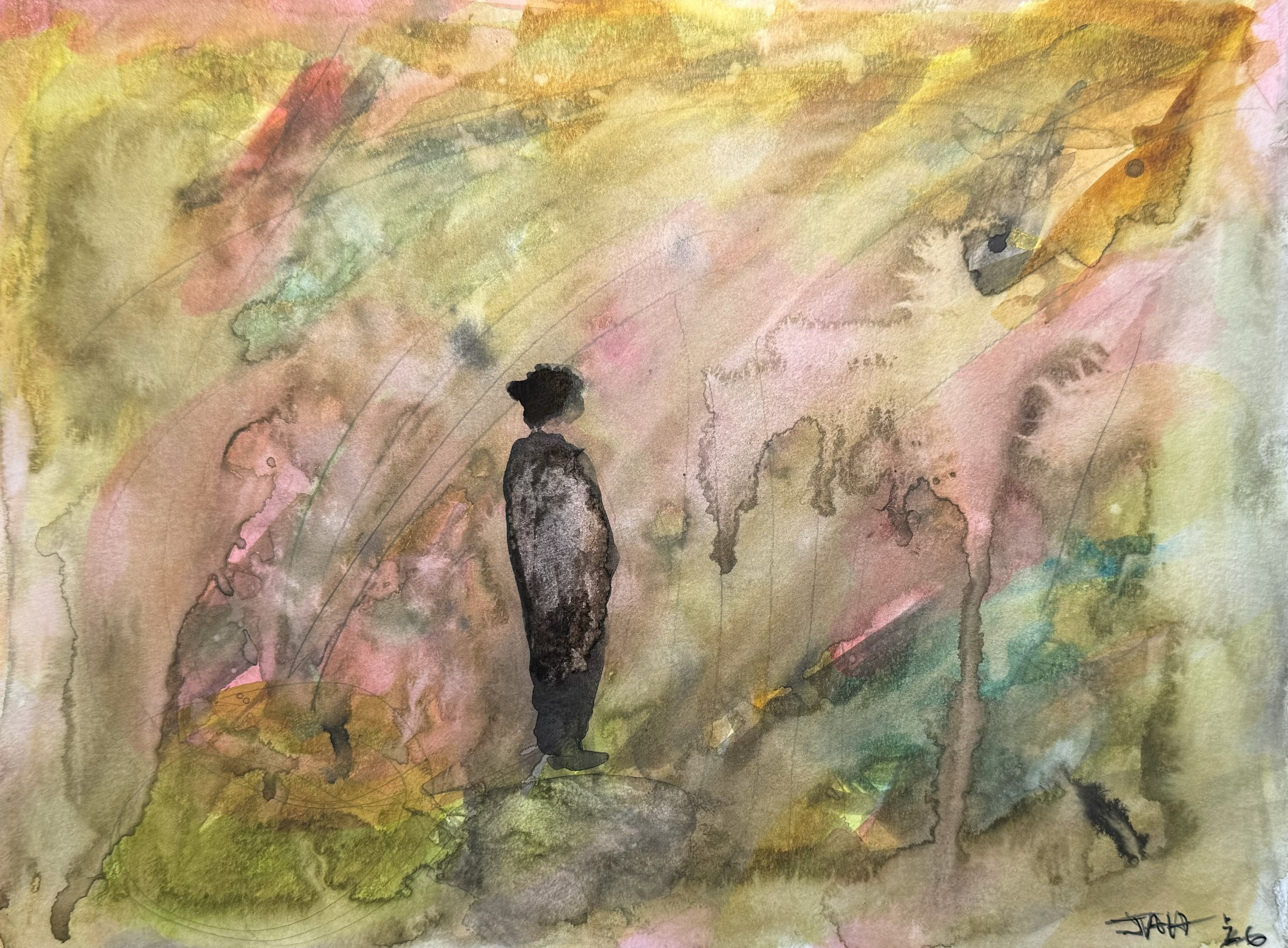 Abstract watercolor painting with a mixture of yellow, green, pink, gray, and black colors. There are two small, dark shapes towards the bottom, resembling two human figures.