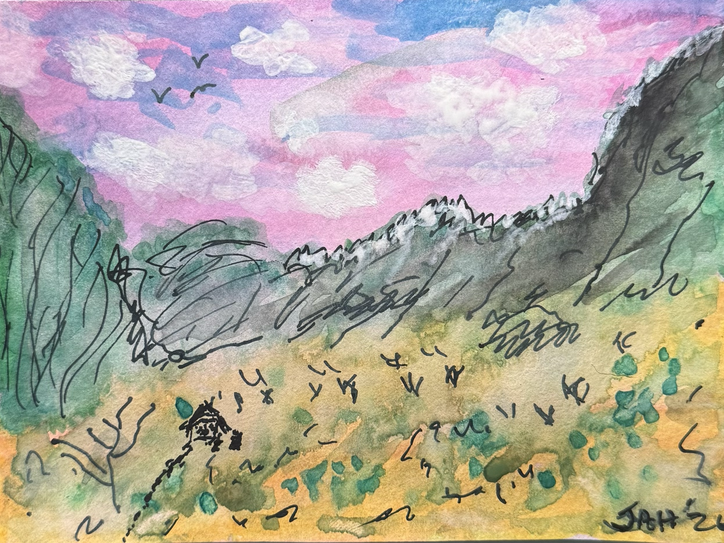 A watercolor painting of a landscape with a pink and purple sky, green hills, a small house, and a mountain. Overlaid is handwritten text in black ink.