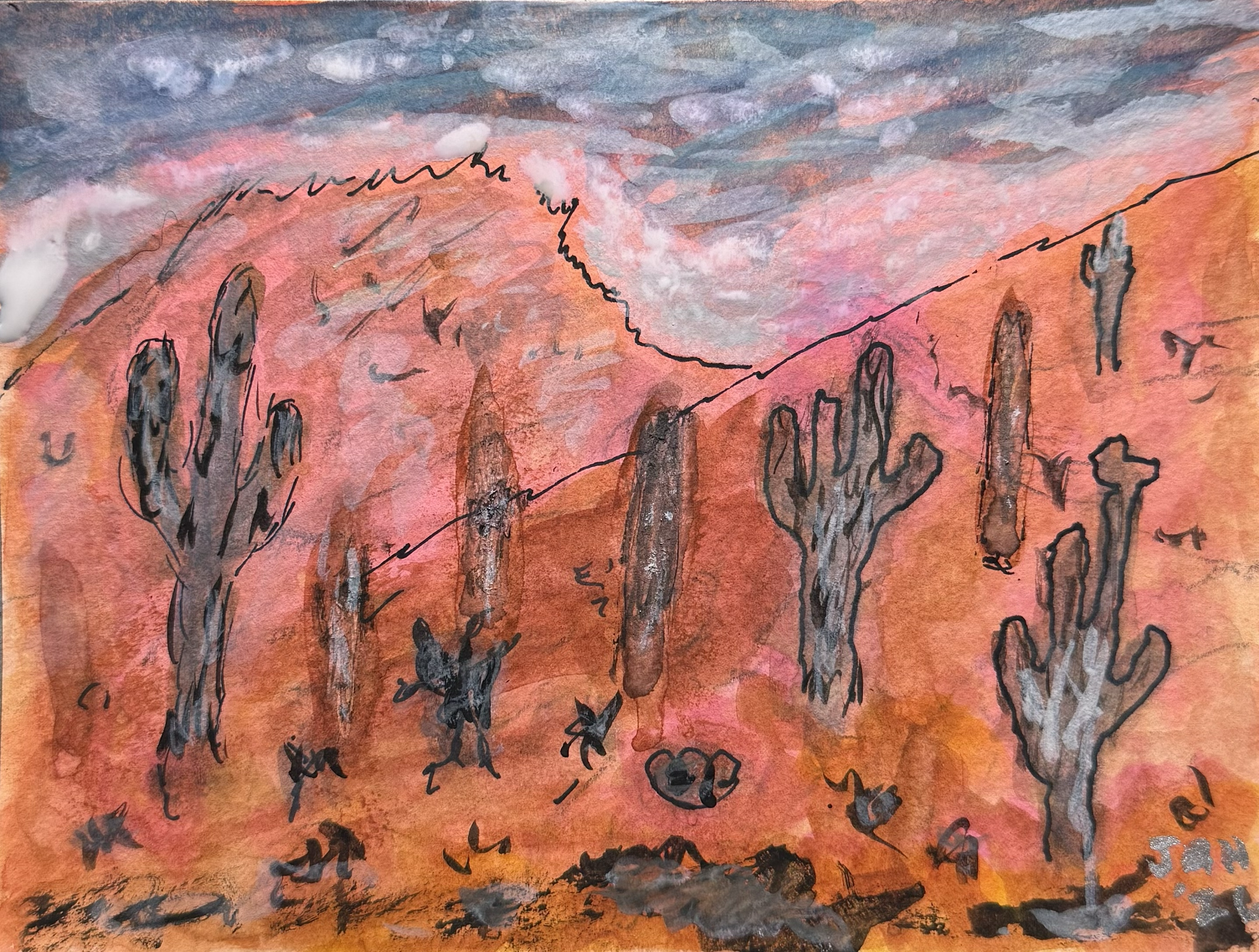 A watercolor painting of mountain landscape with pink and orange tones, dark trees and a cloudy sky.