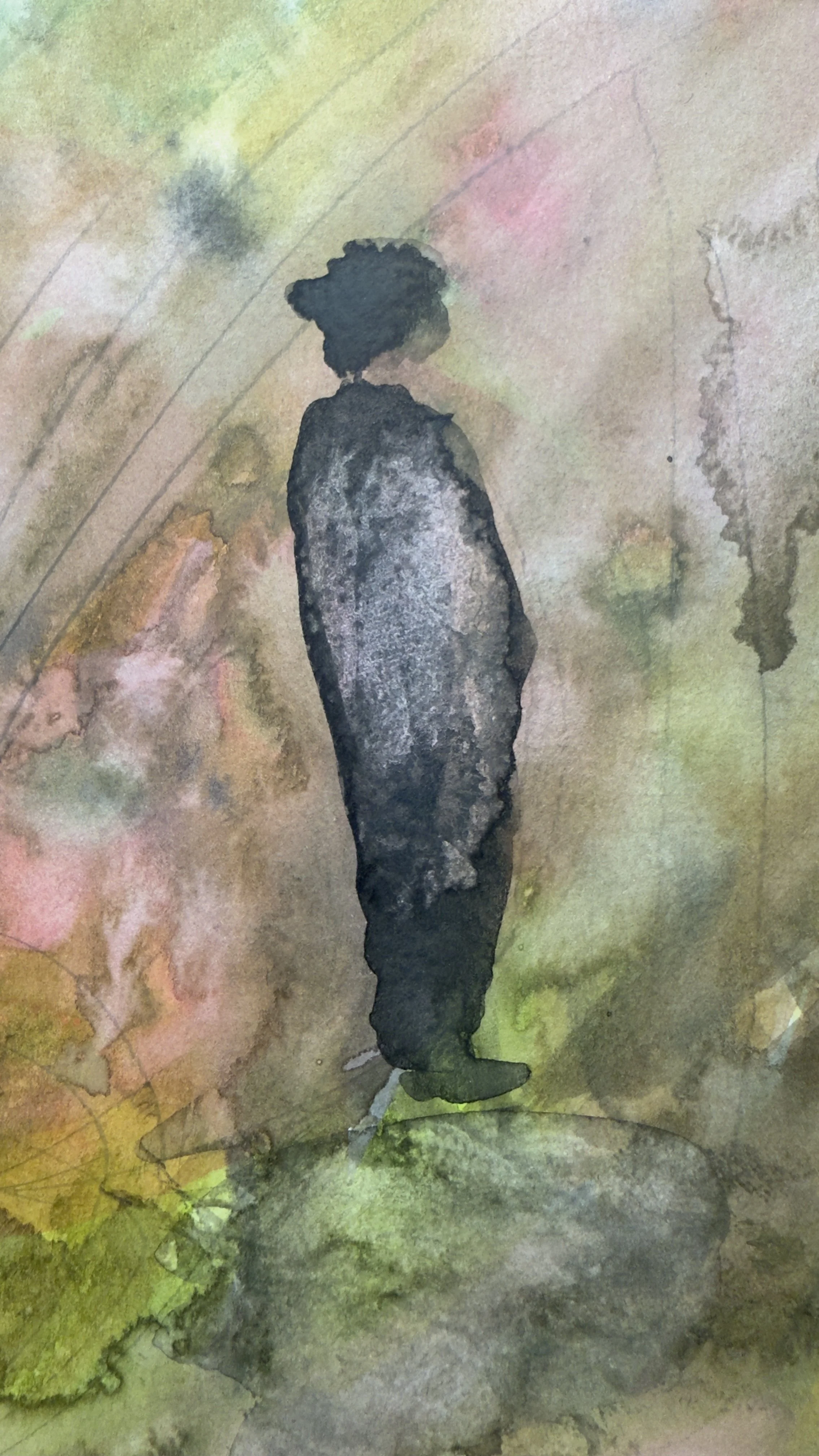 Watercolor painting of a person with dark hair and dark clothing, standing and facing sideways, with a colorful abstract background.