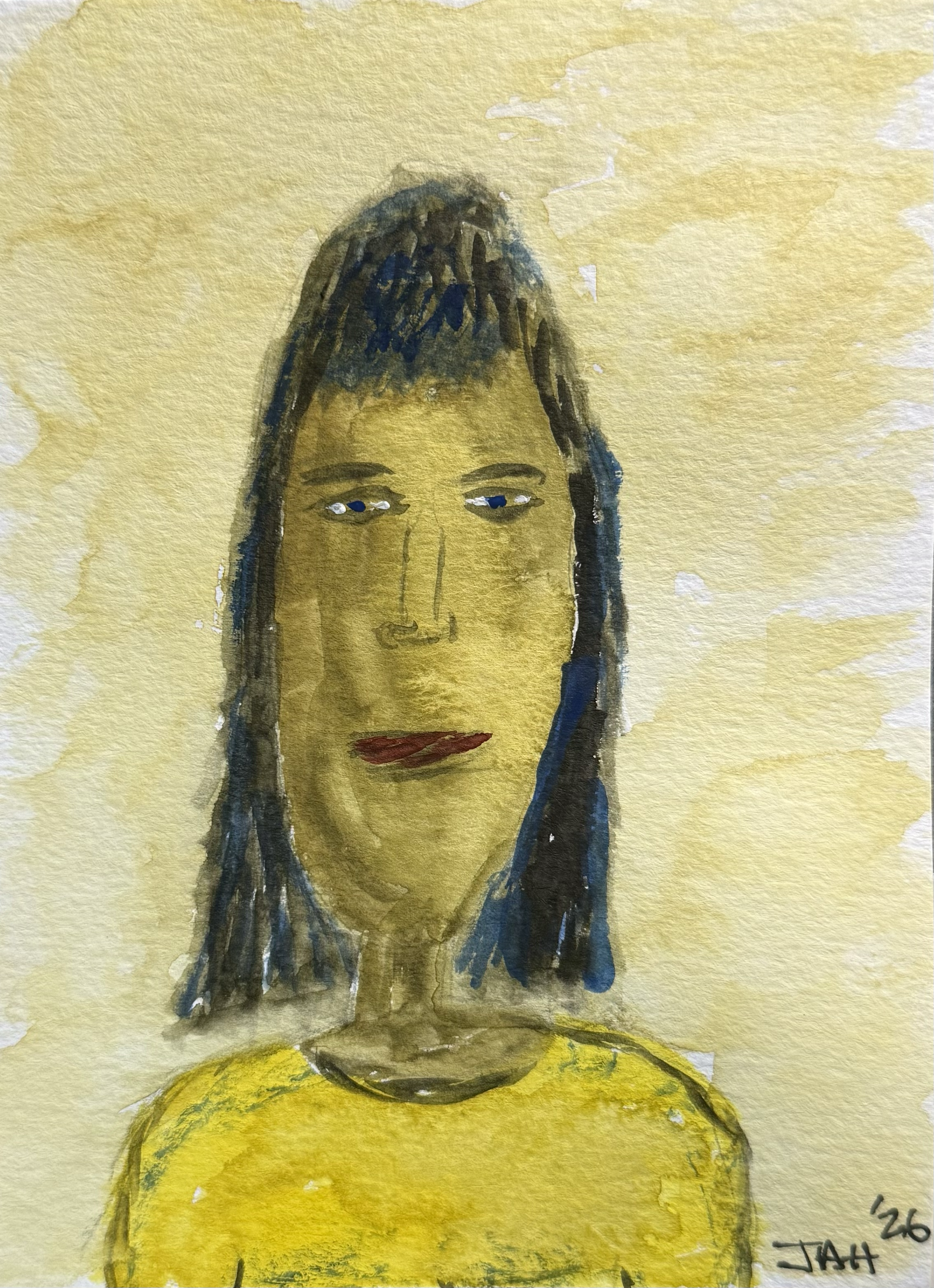 Watercolor portrait of a woman with dark hair and a yellow top, on a yellow background.