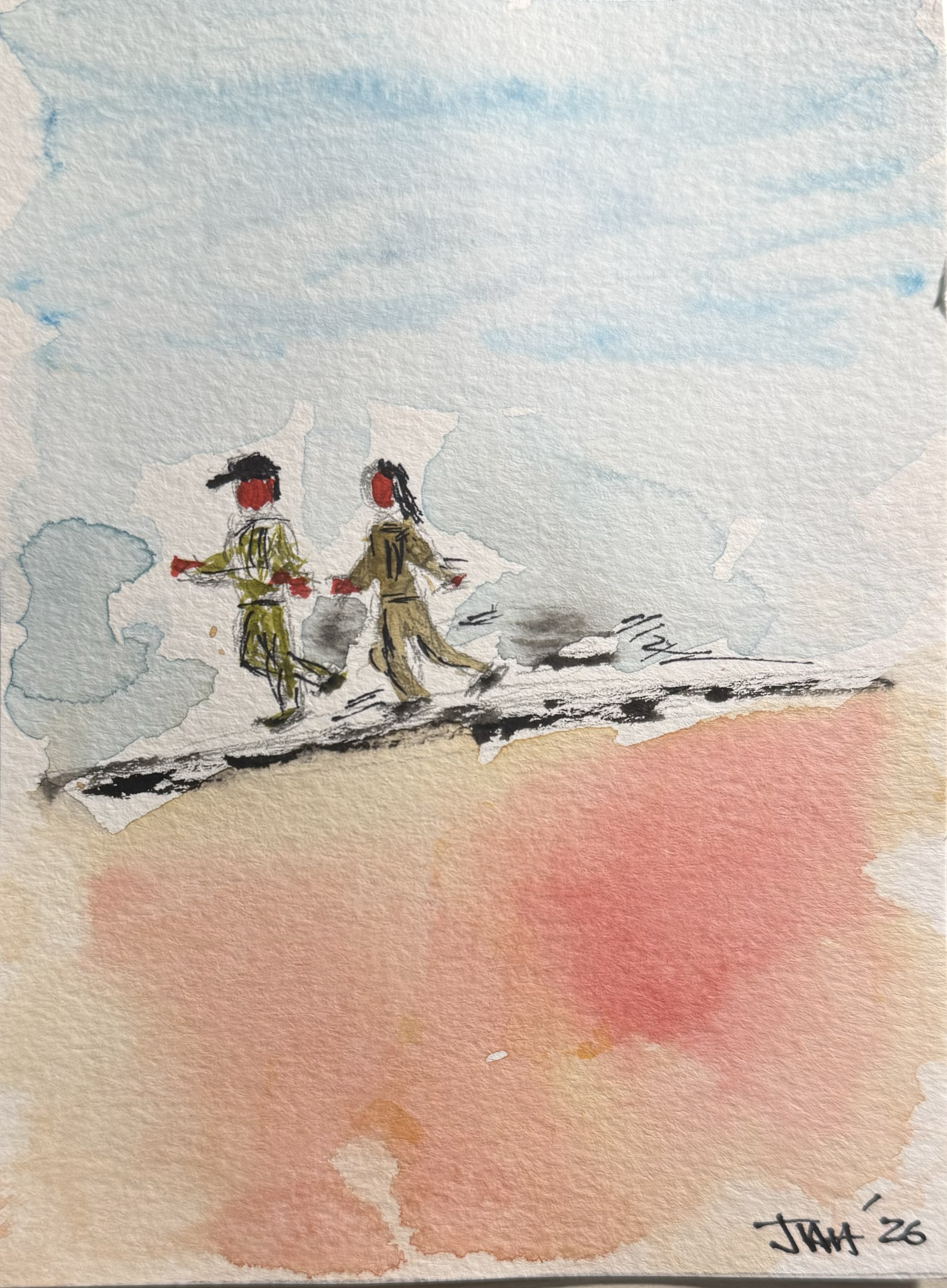Watercolor painting of two people walking together on a path, with a blue sky and clouds above, and vibrant shades of pink and orange in the background.