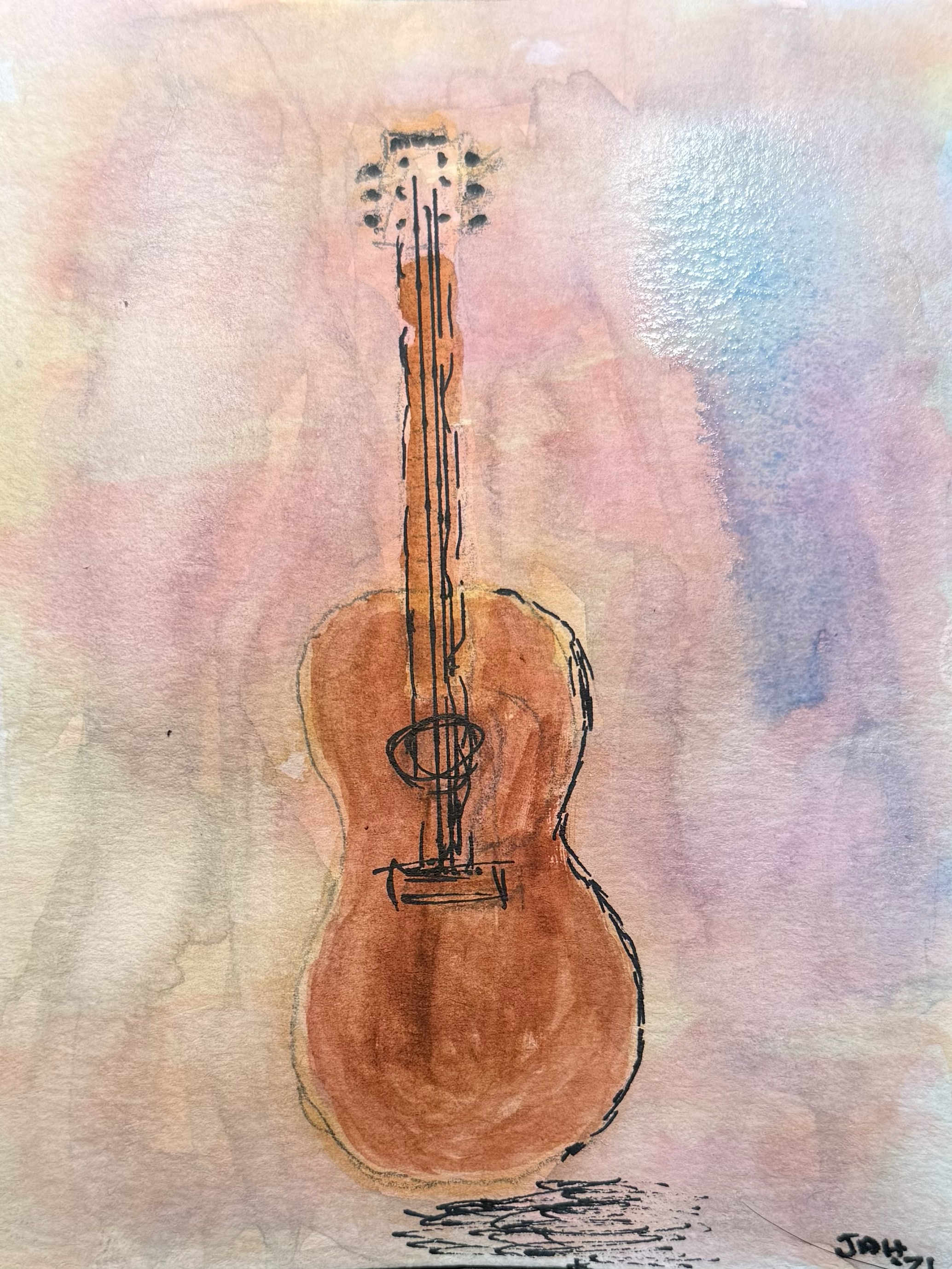 A watercolor painting of a person with a large orange music note covering their face, with black lines and dots representing musical elements, on a soft pastel background.
