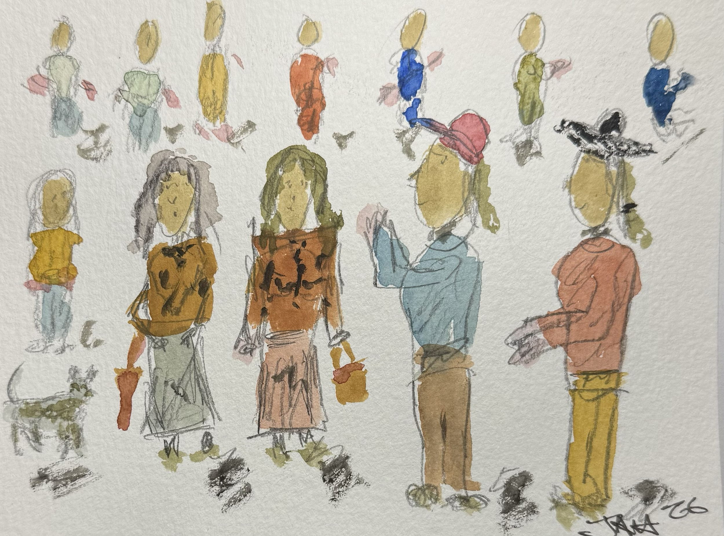 Watercolor sketch of group of people, some standing and one sitting, wearing various colorful clothing.