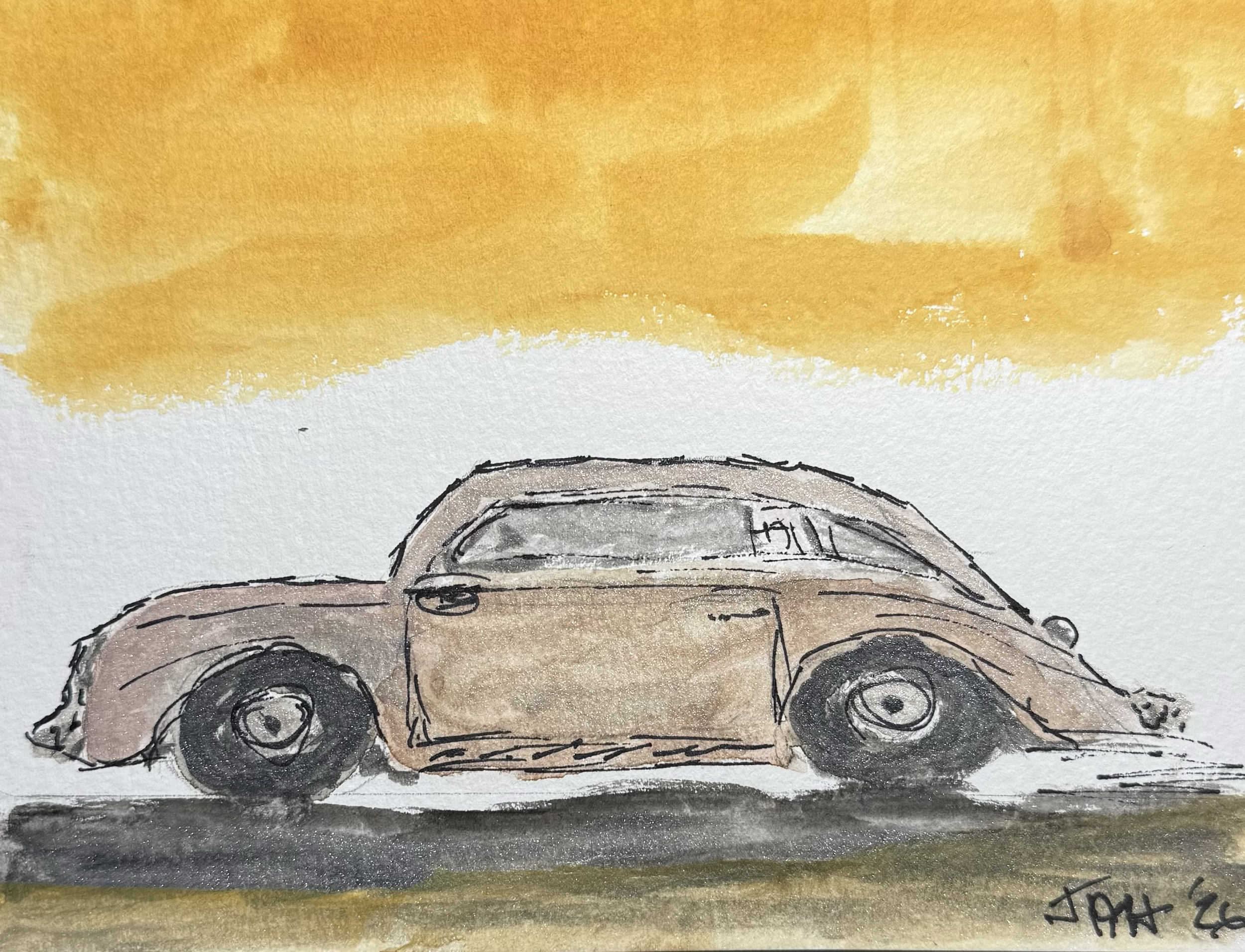 A watercolor painting of a car on a road with a yellow sky in the background.