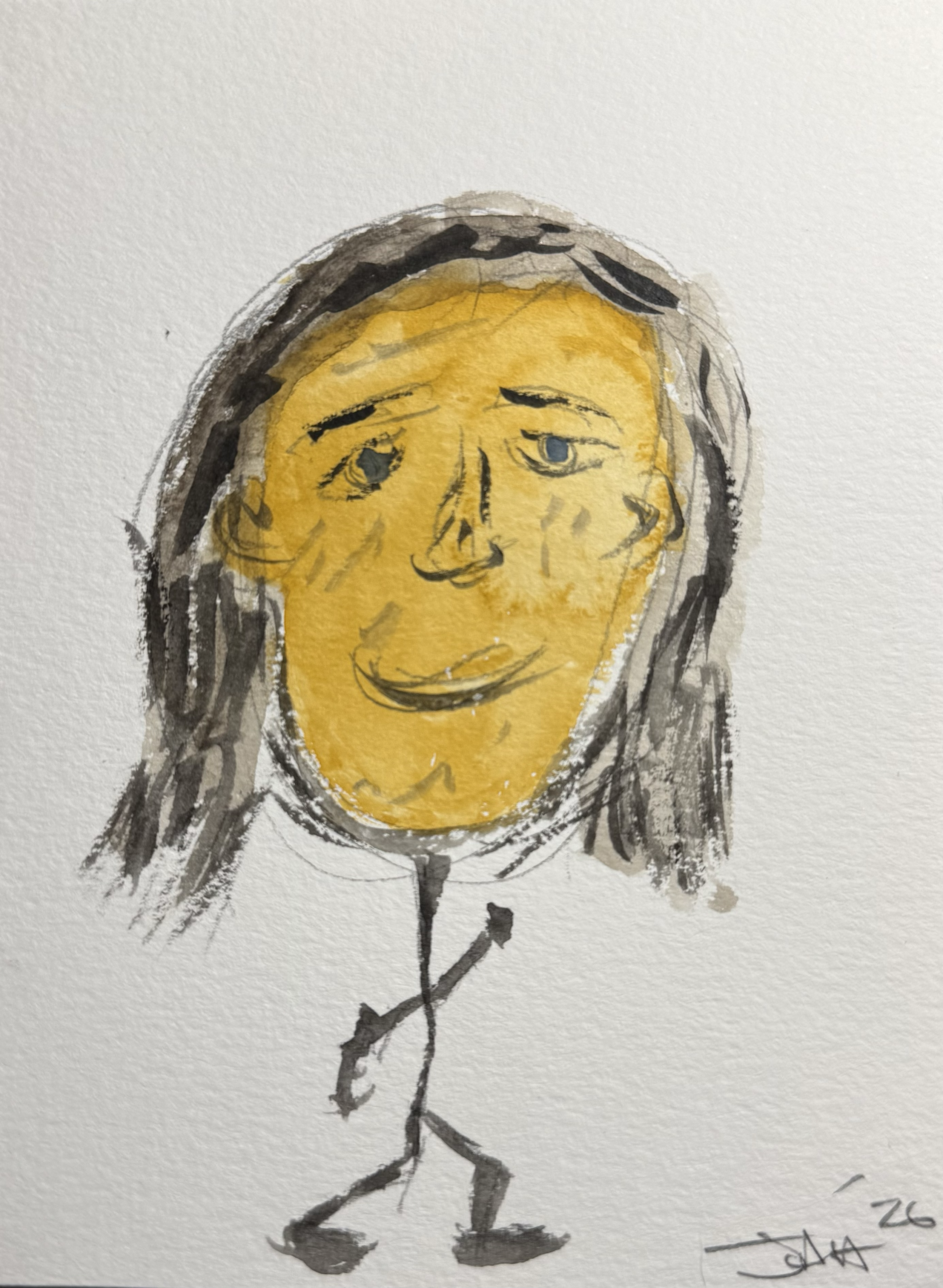 A watercolor illustration of a person with a yellow face and gray hair, smiling while walking on a branch. The person is holding onto a branch with one hand.