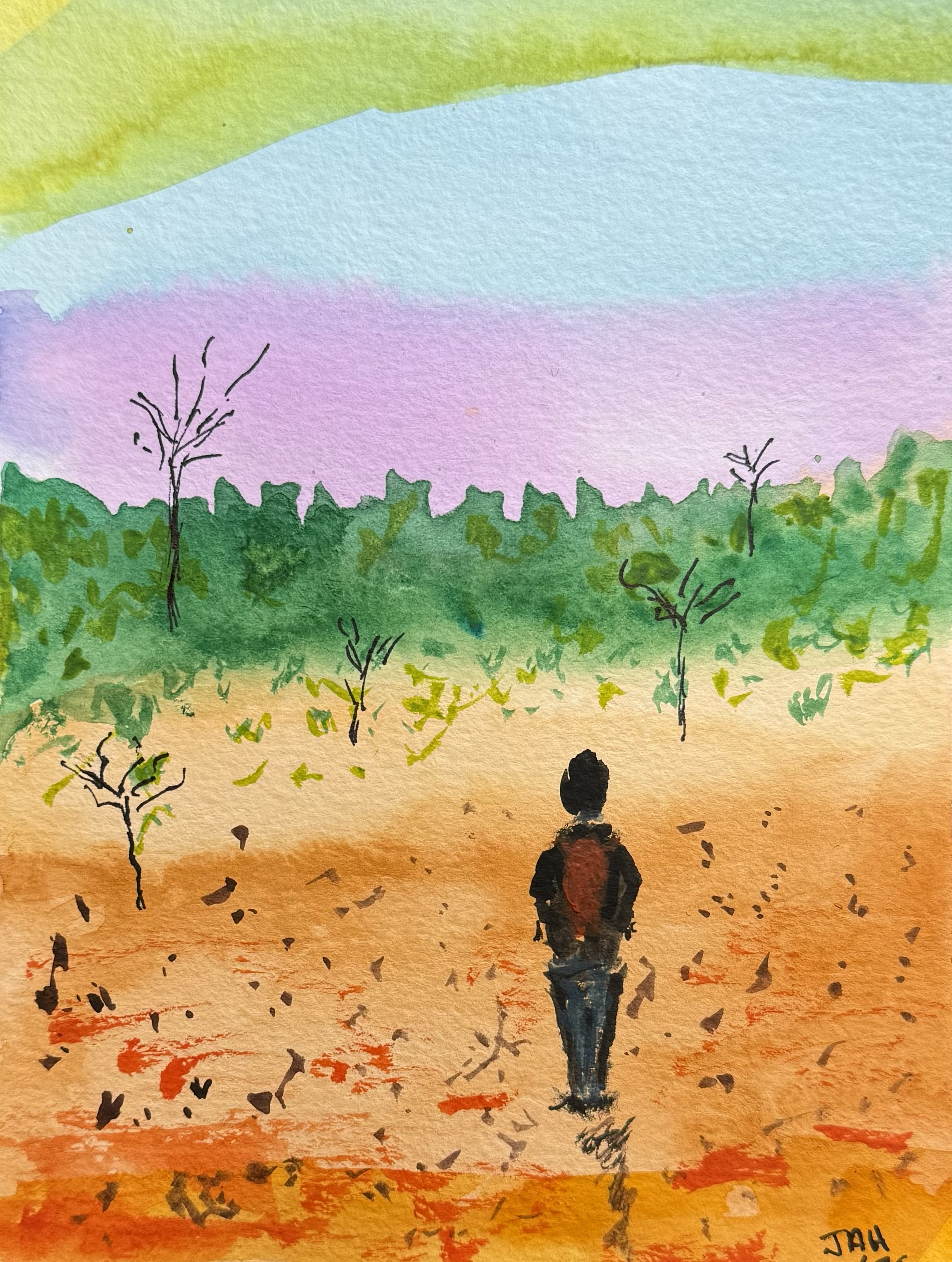 Watercolor painting of a person sitting on a river bank, children playing and trees in the background, with a sunset sky in shades of yellow, green, blue, purple, and orange.