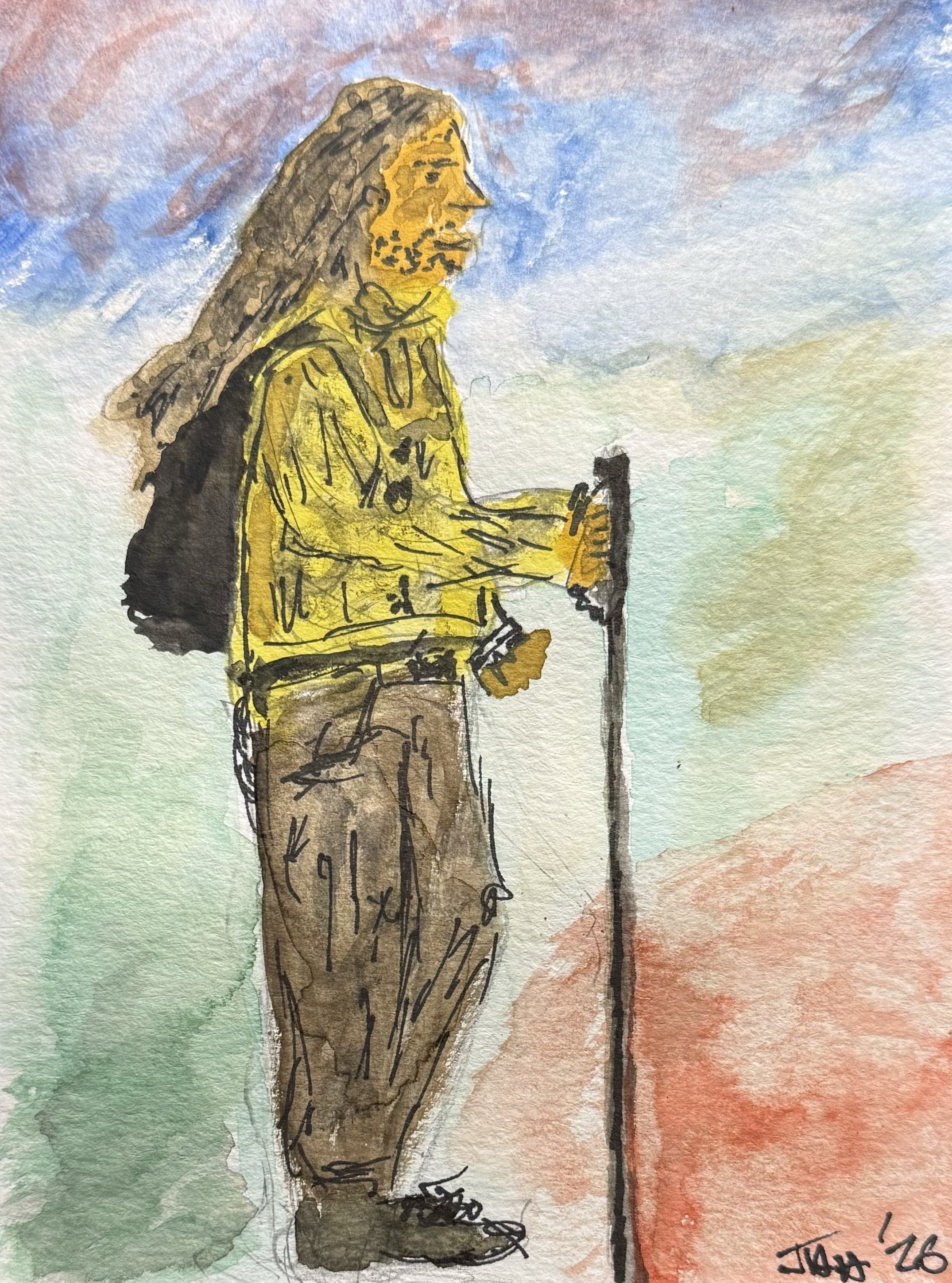 A watercolor painting of a man with long hair and a beard, dressed in yellow and brown clothing, holding a walking stick, standing against a sky with shades of blue, orange, and green.