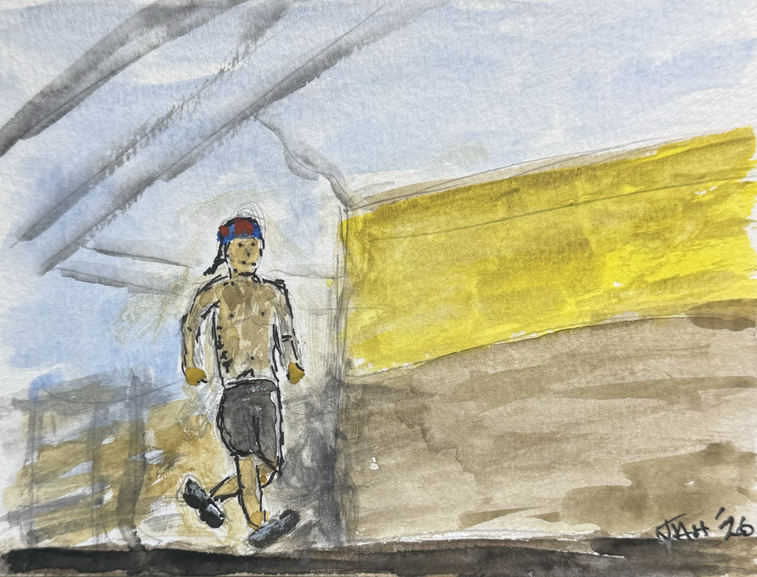 A watercolor painting of a person walking on a street or path. The person is dressed in a hoodie and carrying a bag. The background features a yellow wall on the right side and a cloudy sky above, with streaks of gray and blue.