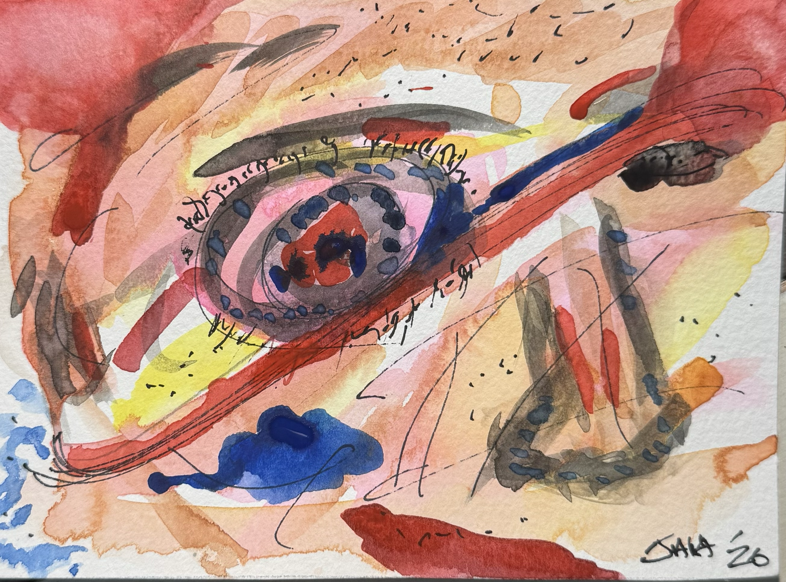 Abstract watercolor painting featuring an eye with vibrant colors, black ink outlines, and handwritten text.