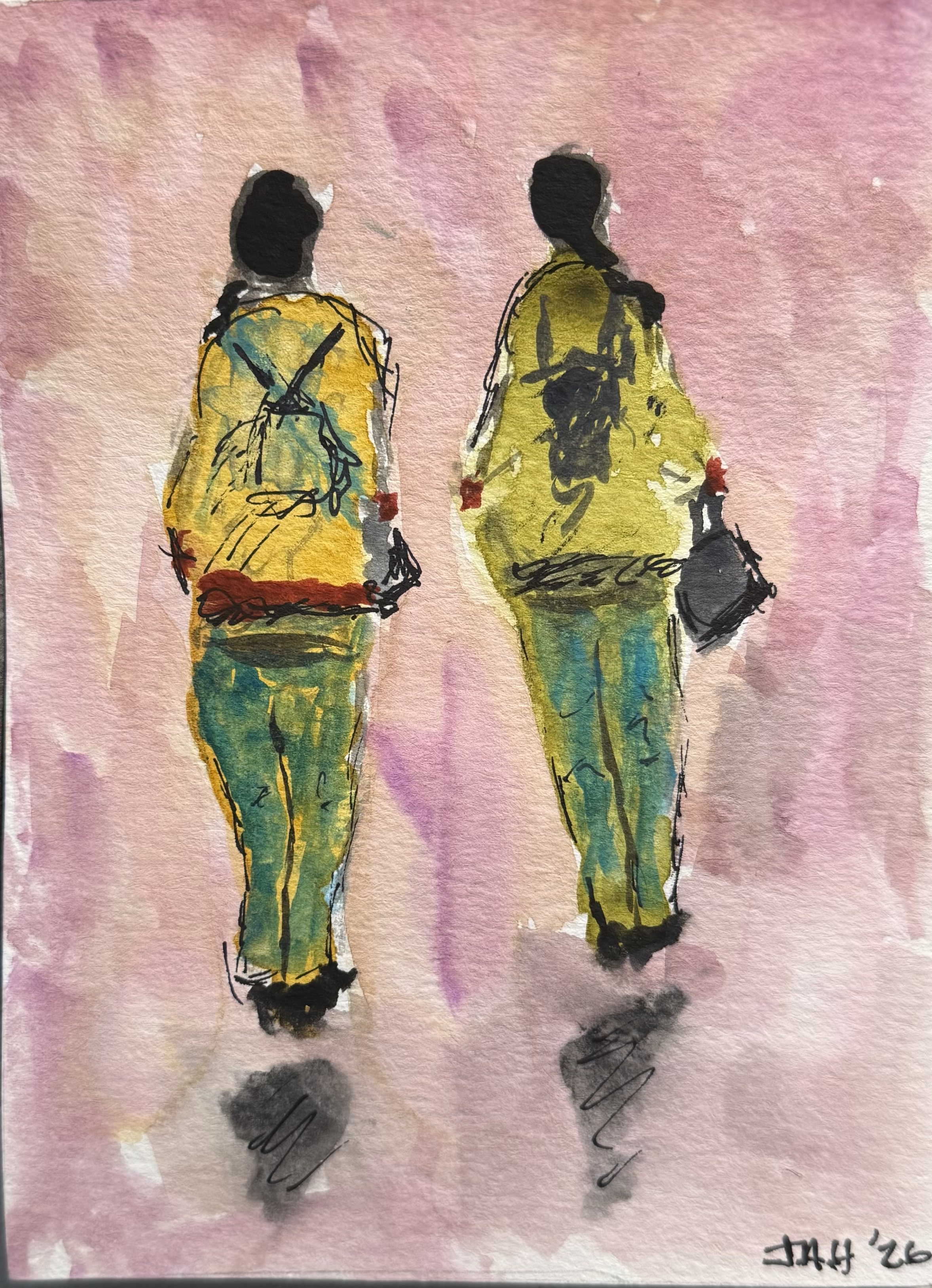 A watercolor painting of two women viewed from behind walking on a pink background. Both women are wearing yellow outfits with backpacks and are holding handbags. One woman has a ponytail, and the other has a braid.