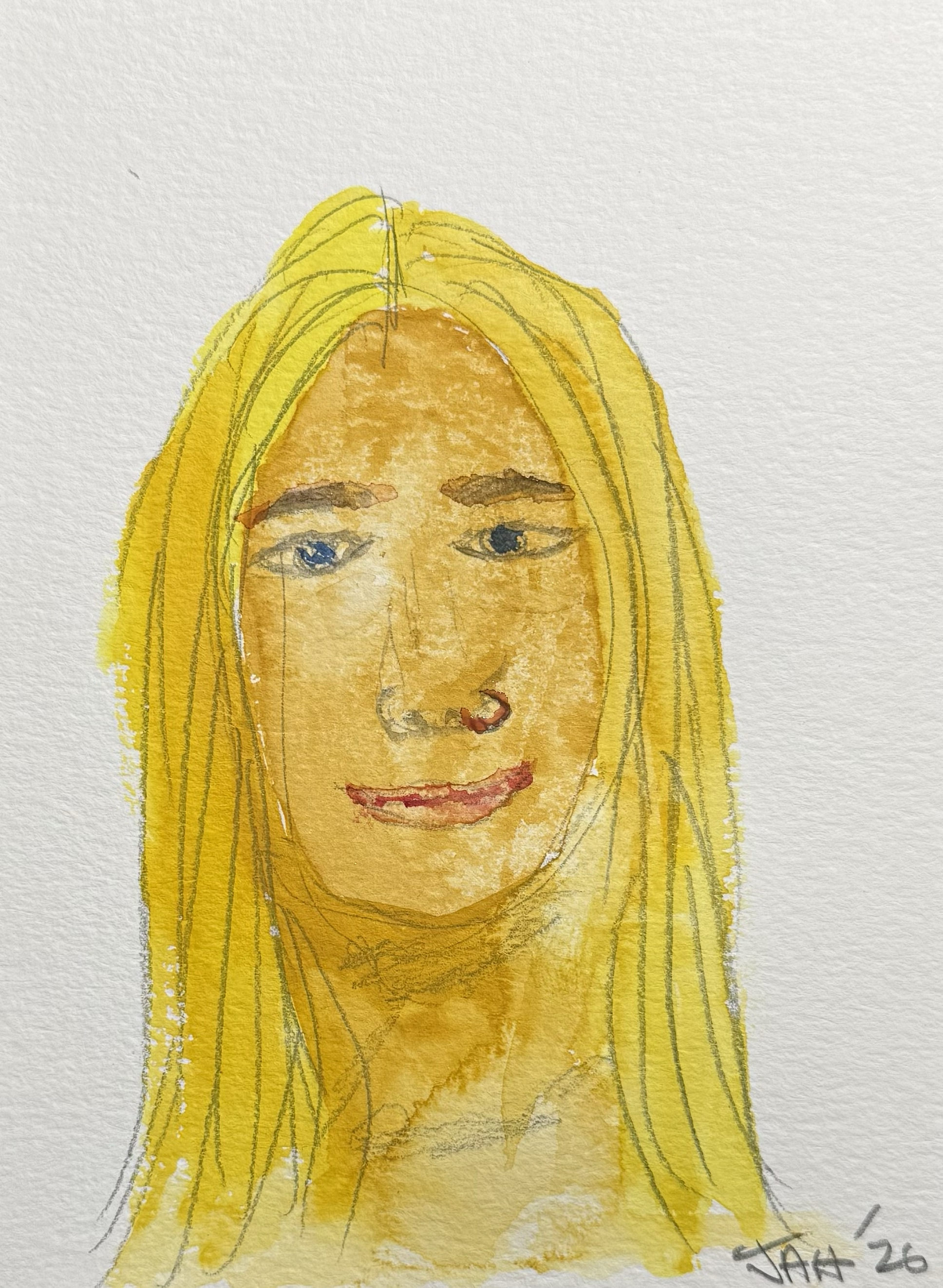 Watercolor painting of a woman with long blonde hair, blue eyes, and a red lipstick, smiling gently.