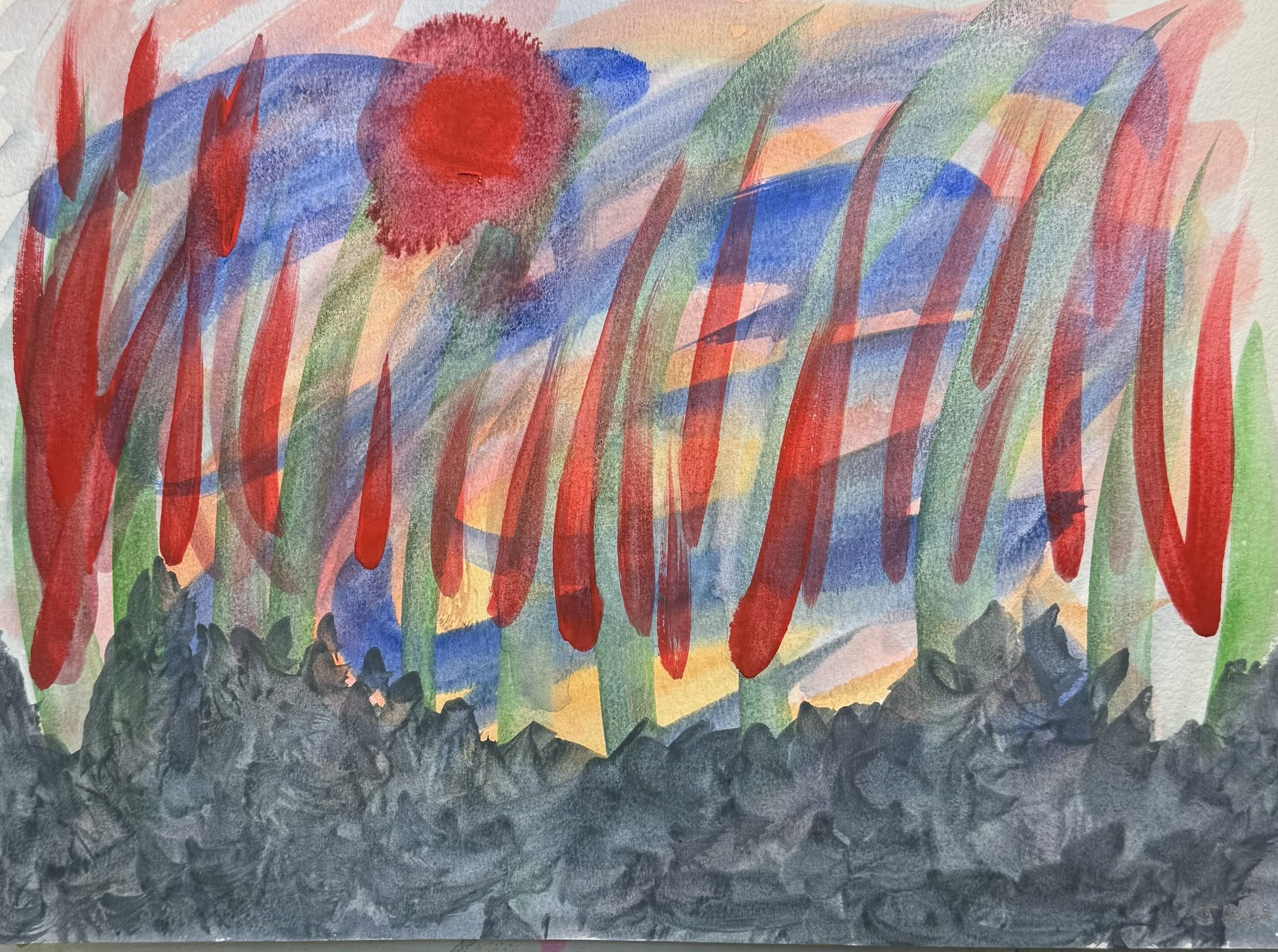 A colorful, abstract watercolor painting featuring a bright red circle and long red strokes resembling flowers or rain, with a dark, textured border at the bottom and a blend of various pastel and vibrant colors throughout.