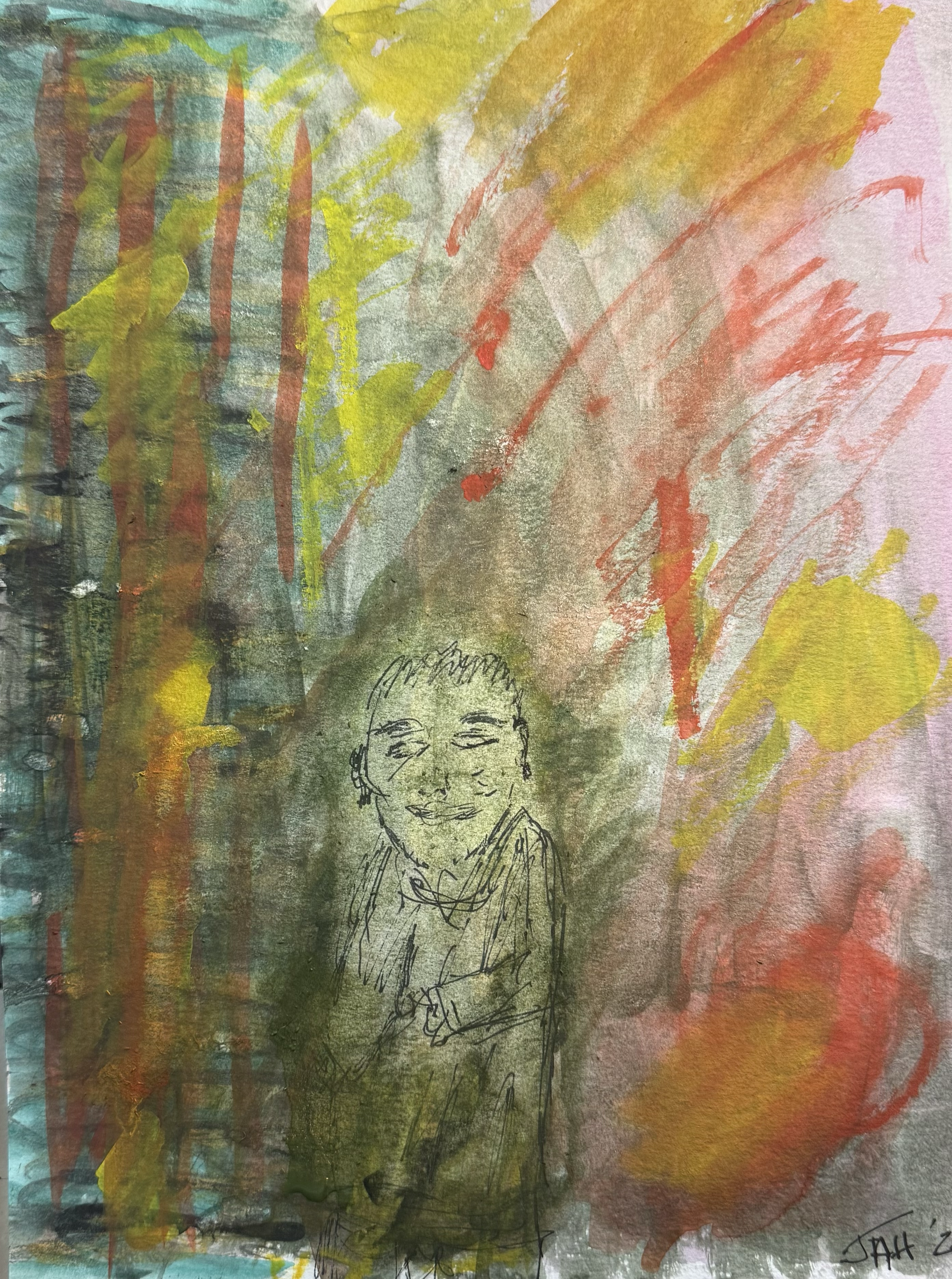 A mixed media artwork with colorful abstract splashes of yellow, orange, red, blue, and green with a simple sketch of a person with closed eyes and a necklace in the lower middle. The background is textured paper.