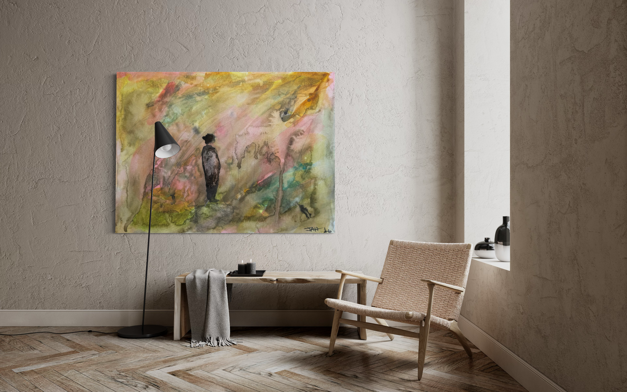 A cozy interior space with a textured wall, a large colorful abstract watercolor painting, a floor lamp, a wooden table with black candles and a gray cloth, a woven armchair, and a white wall with decorative vases in a room with natural light.