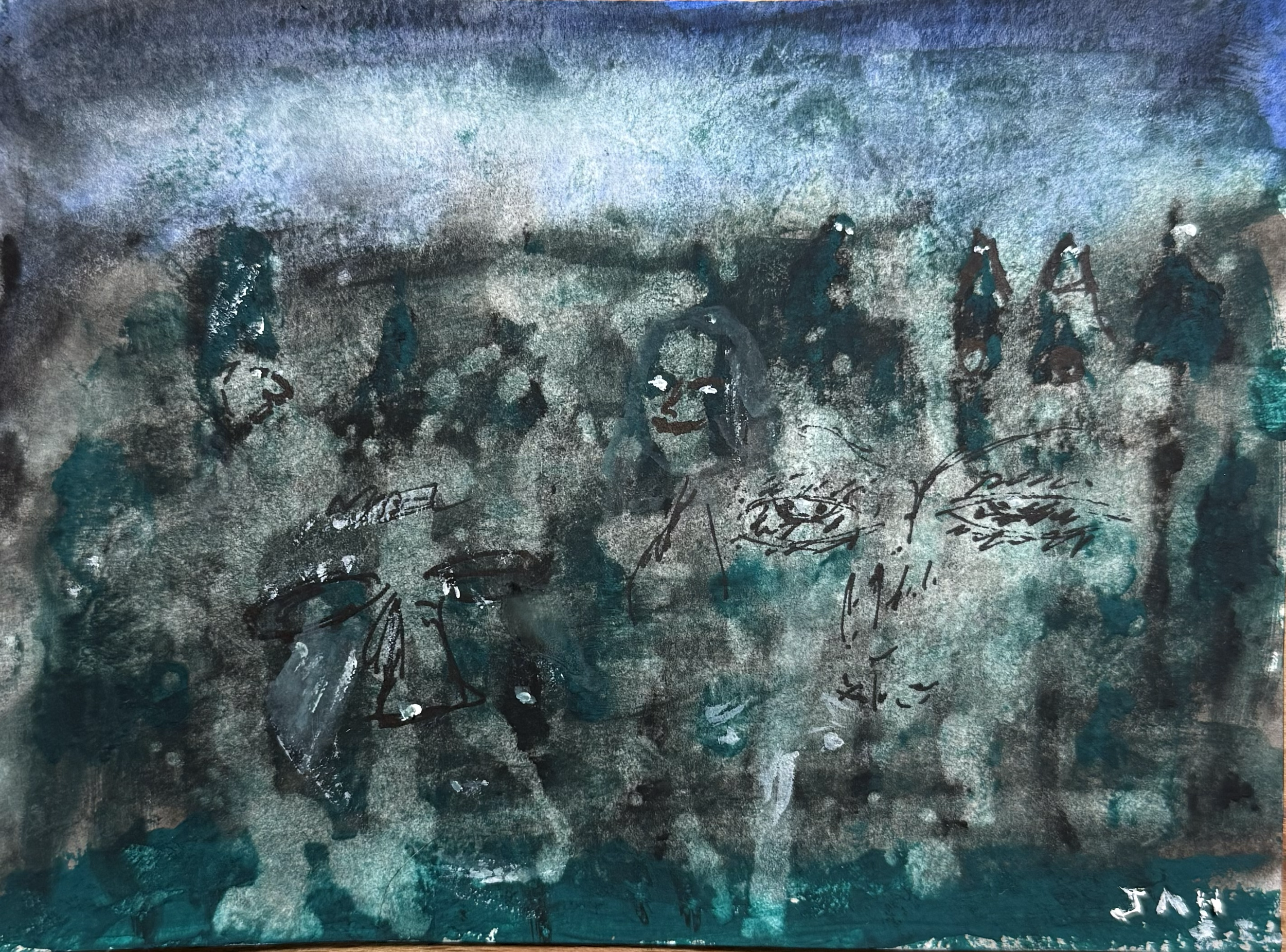 Abstract artwork with dark blue, teal, and black colors featuring scribbled and handwritten text.
