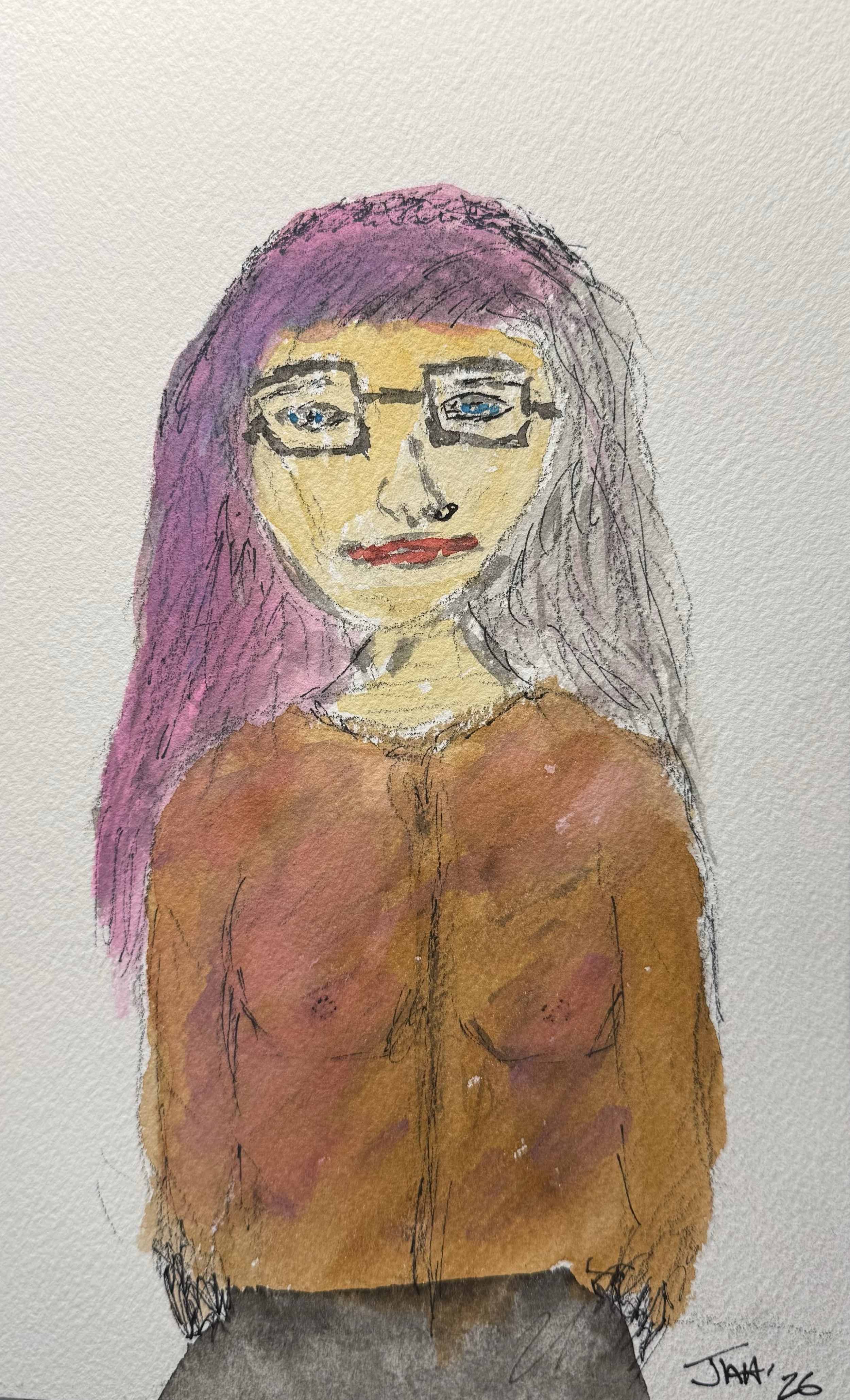 A watercolor painting of a woman with long, purple hair, wearing glasses, and a brown top. The woman is winking and has red lipstick. The artist's signature and the year 2026 are at the bottom right corner.