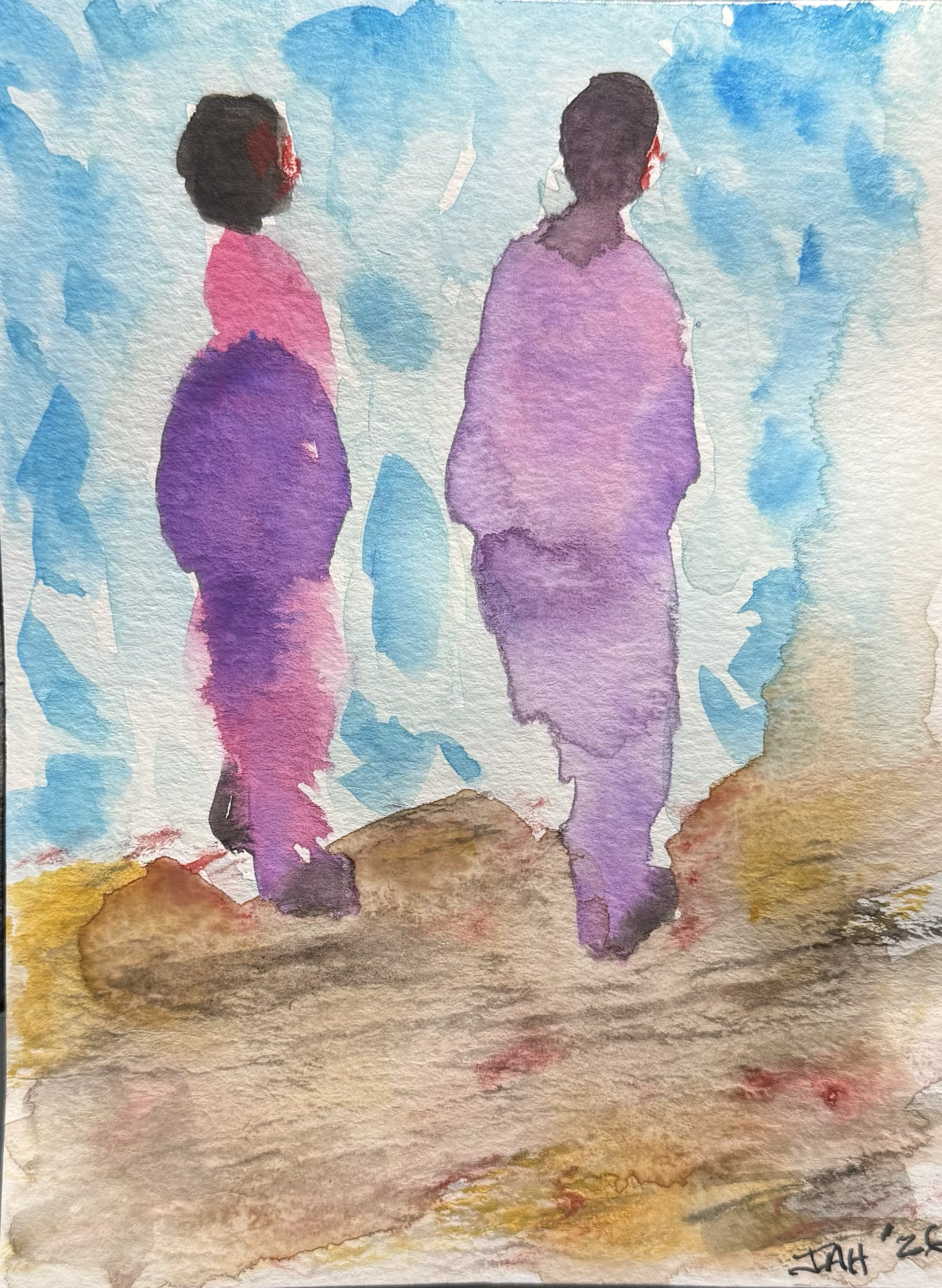 Watercolor painting of two women walking together on a dirt path with a blue sky and clouds in the background.