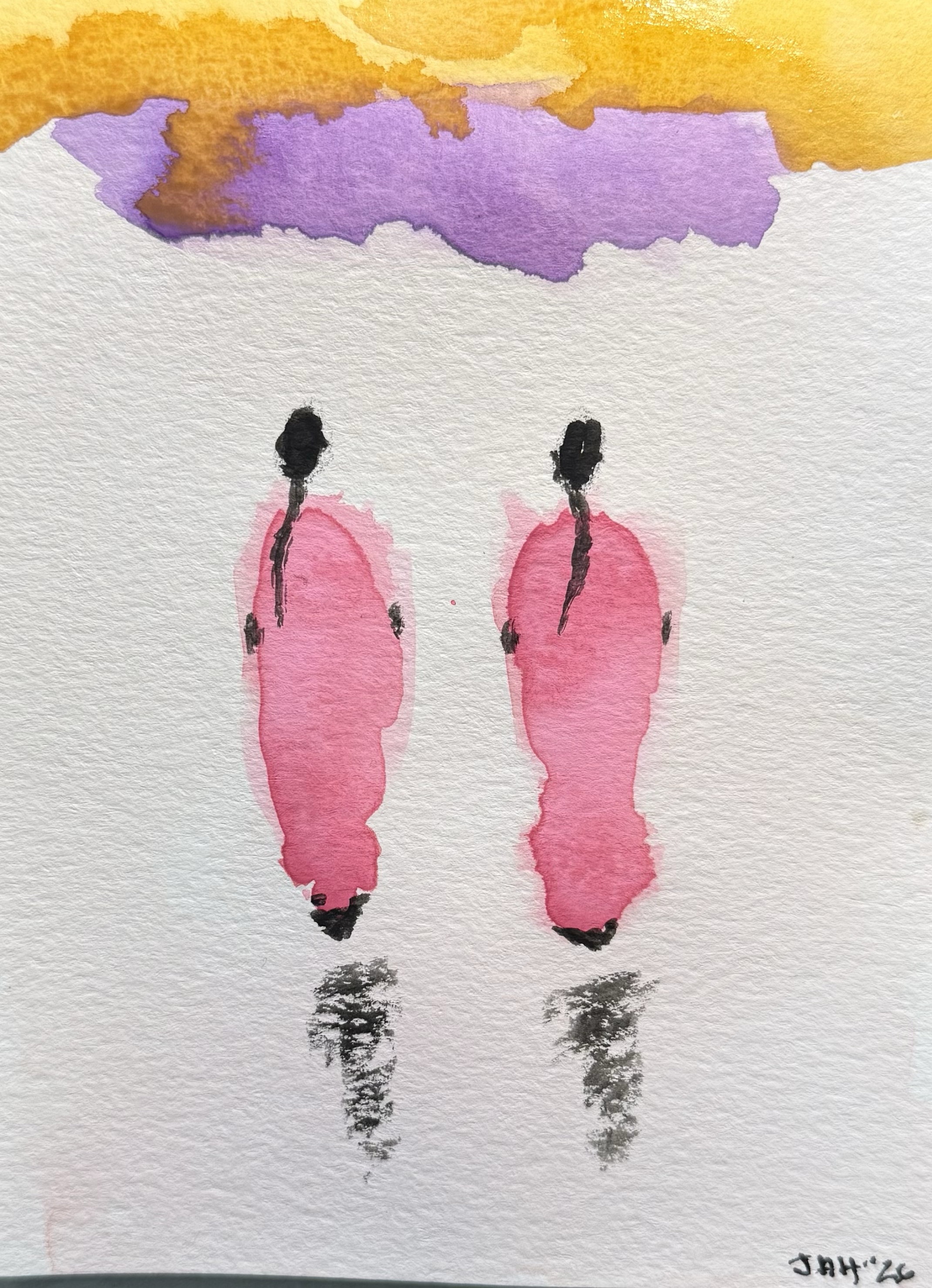 Watercolor painting of two pink flamingos standing close together, with their black beaks and legs visible. The background includes abstract orange, purple, and yellow shapes. The artist's signature, "JAHY '26," is in the bottom right corner.