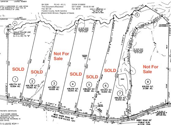 A survey map showing eight plotted land parcels with most labeled 'Sold" located on West River Road in Franklinton, NC.