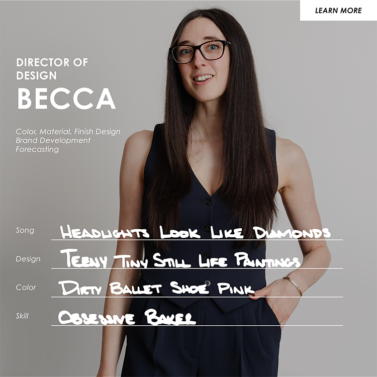 A woman with long dark hair and glasses wearing a sleeveless navy dress, standing in front of a light gray background with overlayed text about her design skills and personal preferences.