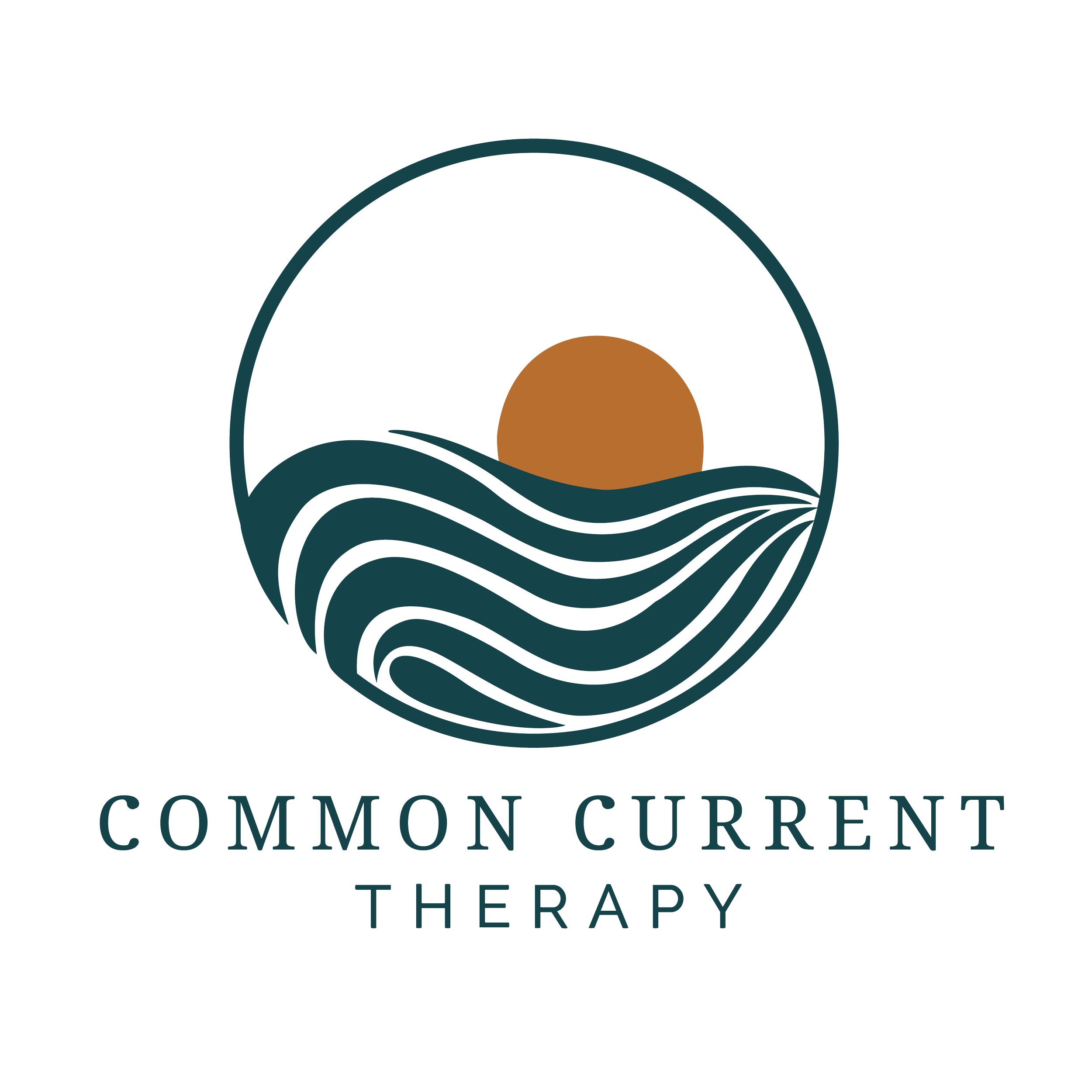 Common Current Therapy logo, with an orange sun cradled in a teal wave, symbolizing warmth, healing, and growth for individuals navigating trauma and adult ADHD