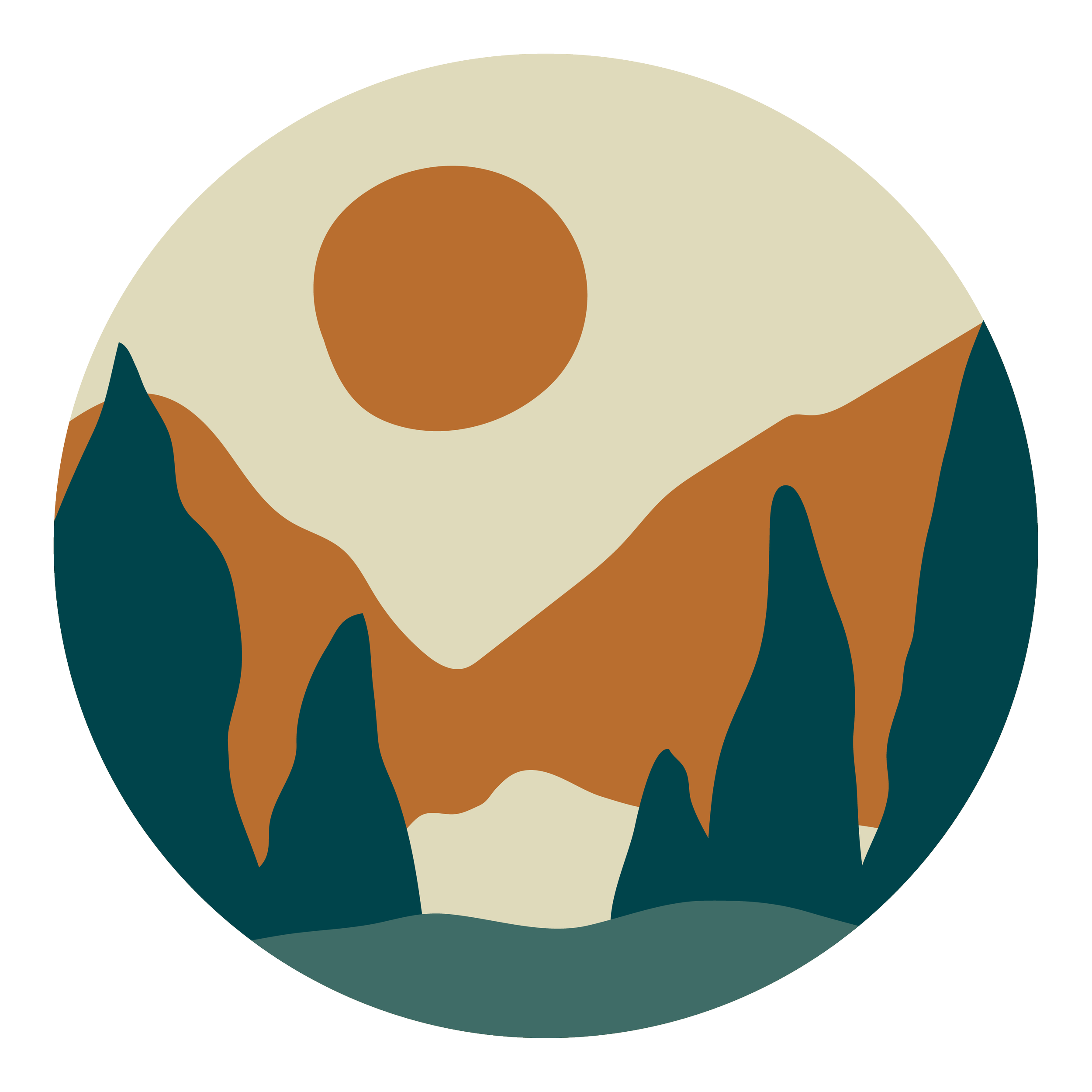 Abstract landscape with mountains, trees, a large sun, and sky in earthy tones. representing the growth possible with ifs for trauma