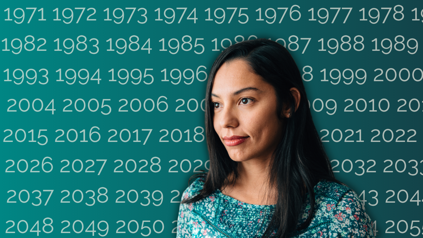 Middle Aged Woman with Dark Hair in front of teal gradient background with white years in a grid in background wondering does ADHD get worse with age?