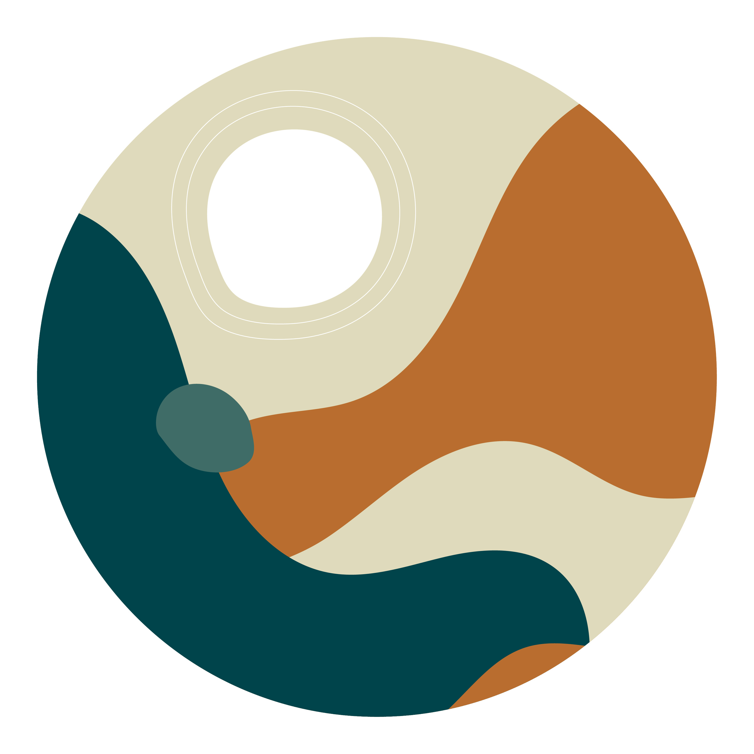 Circular abstract, wavy hills with sun in beige, dark teal, and orange colors, evoking the journey of self-compassion and adhd