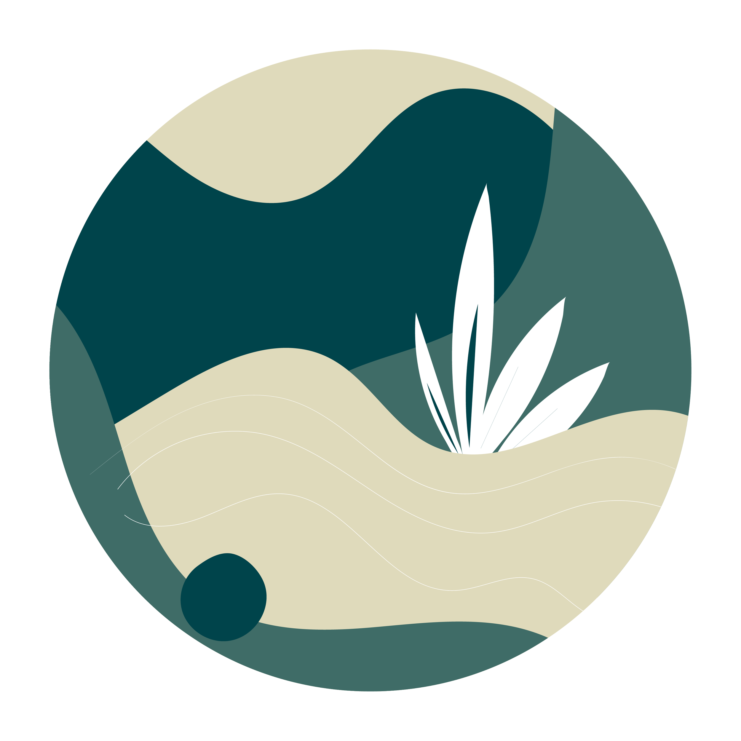 Abstract landscape with wavy beige sand dunes, white plants, and teal hills suggesting the peace that can be found with the help of an ADHD therapist