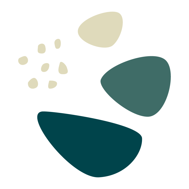 Abstract minimalistic design with five large irregular shapes in beige, dark teal, and teal colors and small oval shapes representing the steps to healing in ADHD Therapy