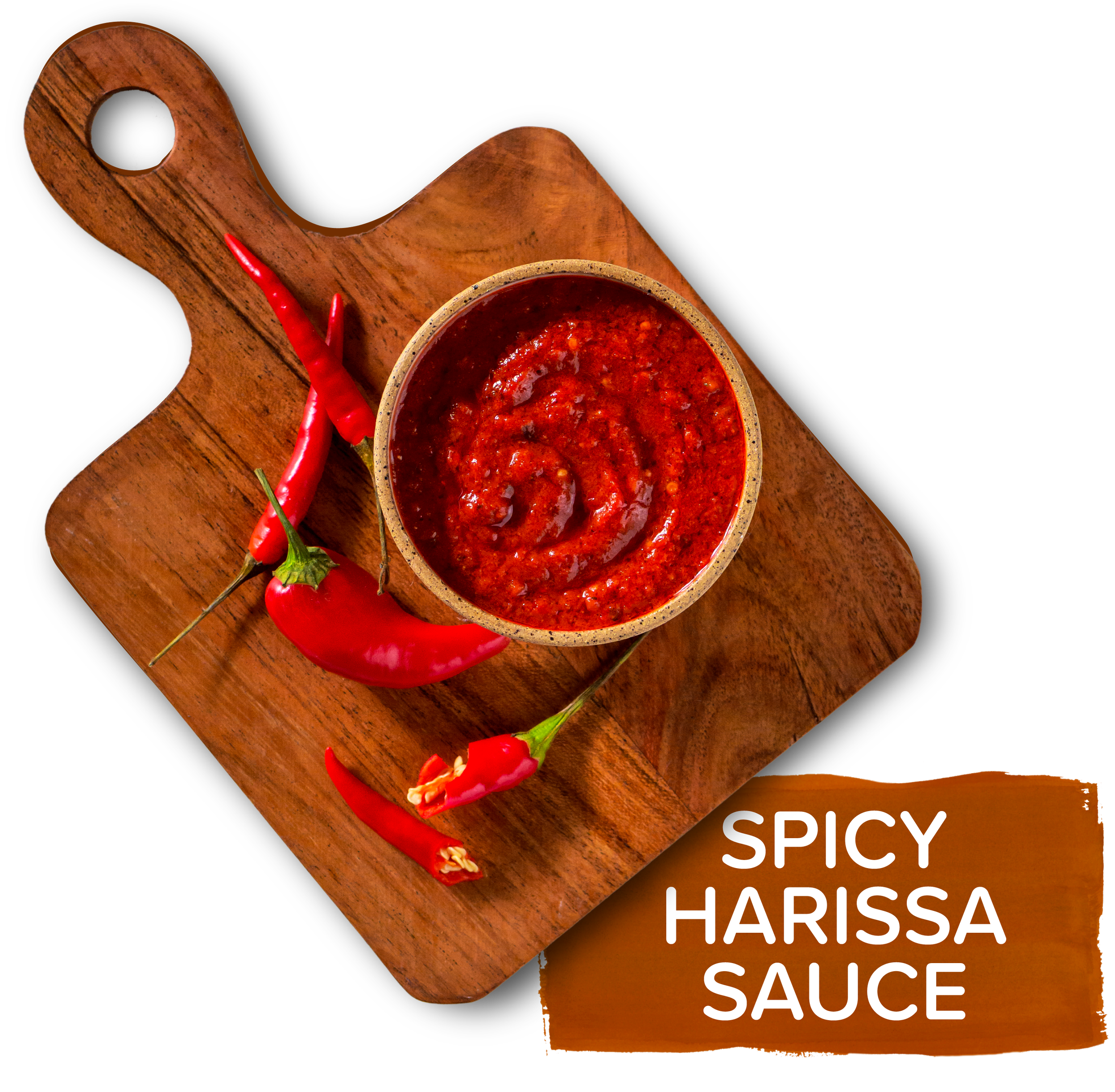 An overhead image of a small cutting board with a dish of spicy red sauce and small red chilis, labeled with text that says "spicy harissa sauce"
