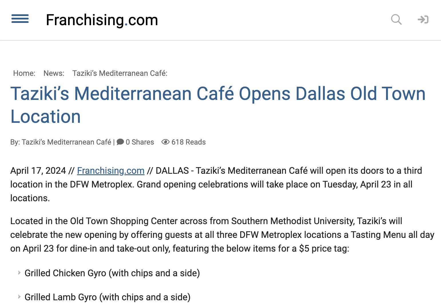 Franchising.com: Taziki’s Mediterranean Café Opens Dallas Old Town Location