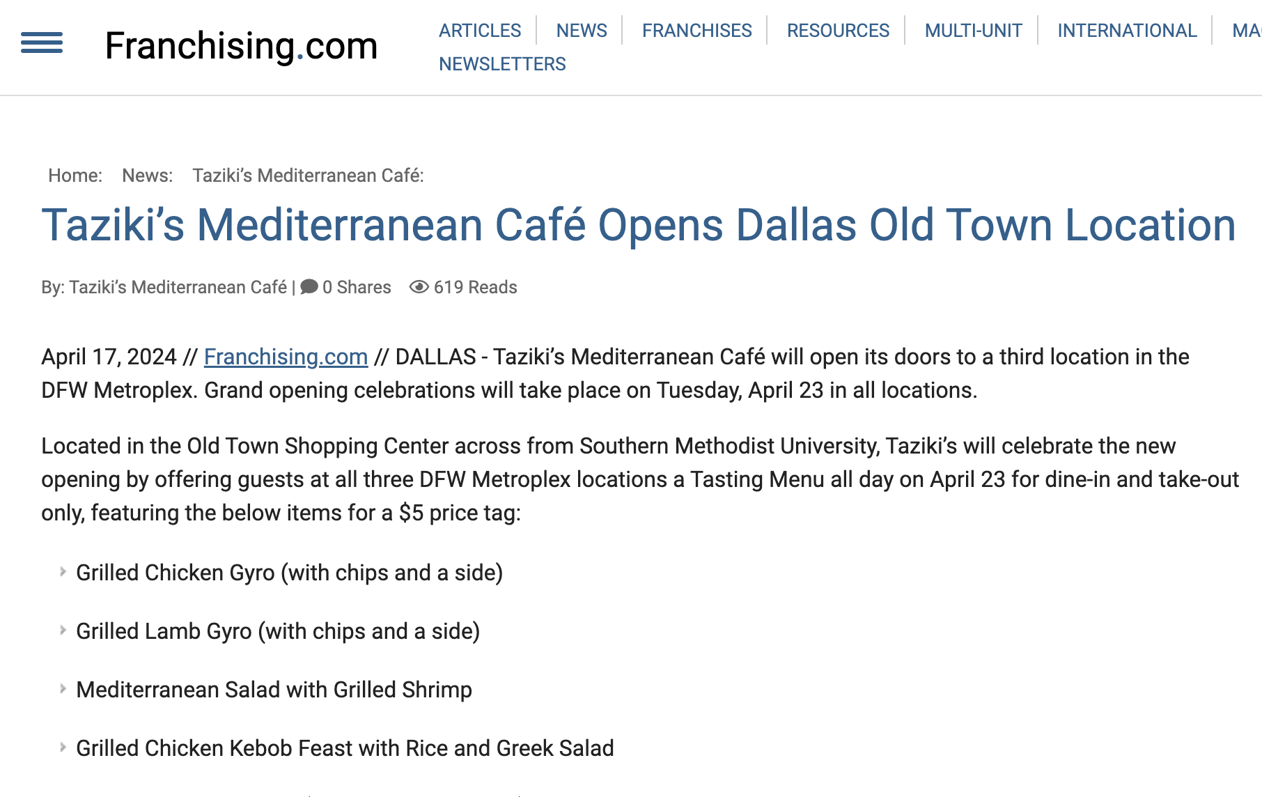 Franchising.com: Taziki’s Mediterranean Café to Celebrate Hixson Location Opening with Ribbon Cutting on April 1