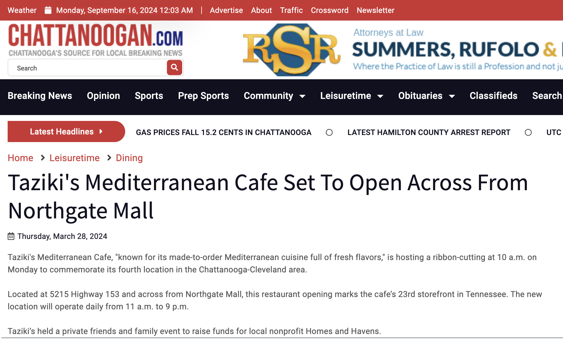 Chattanoogan.com: Taziki's Mediterranean Cafe Set To Open Across From Northgate Mall