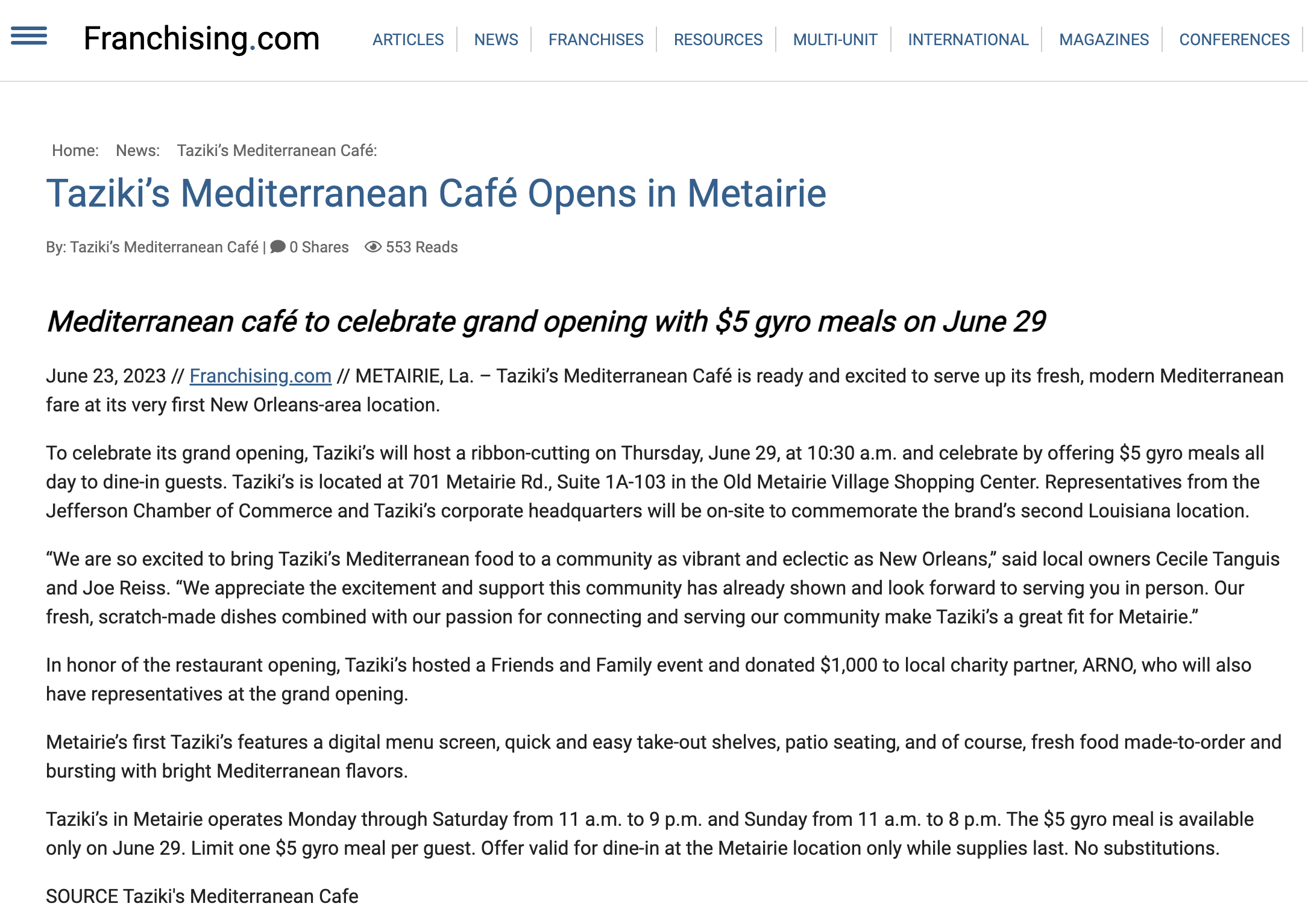 Franchising.com: Taziki’s Mediterranean Café Opens in Metairie