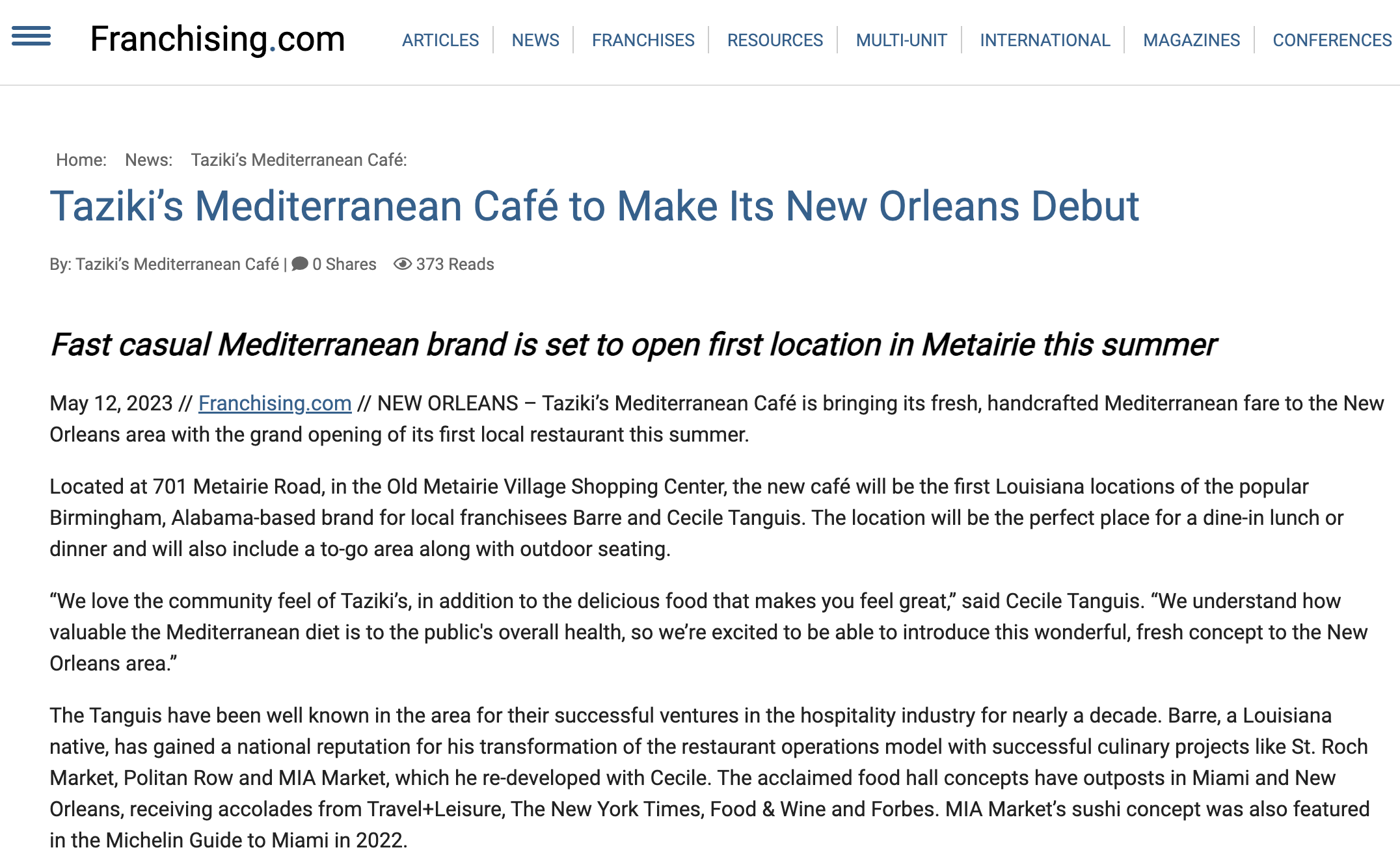 Franchising.com: Taziki’s Mediterranean Café to Make Its New Orleans Debut