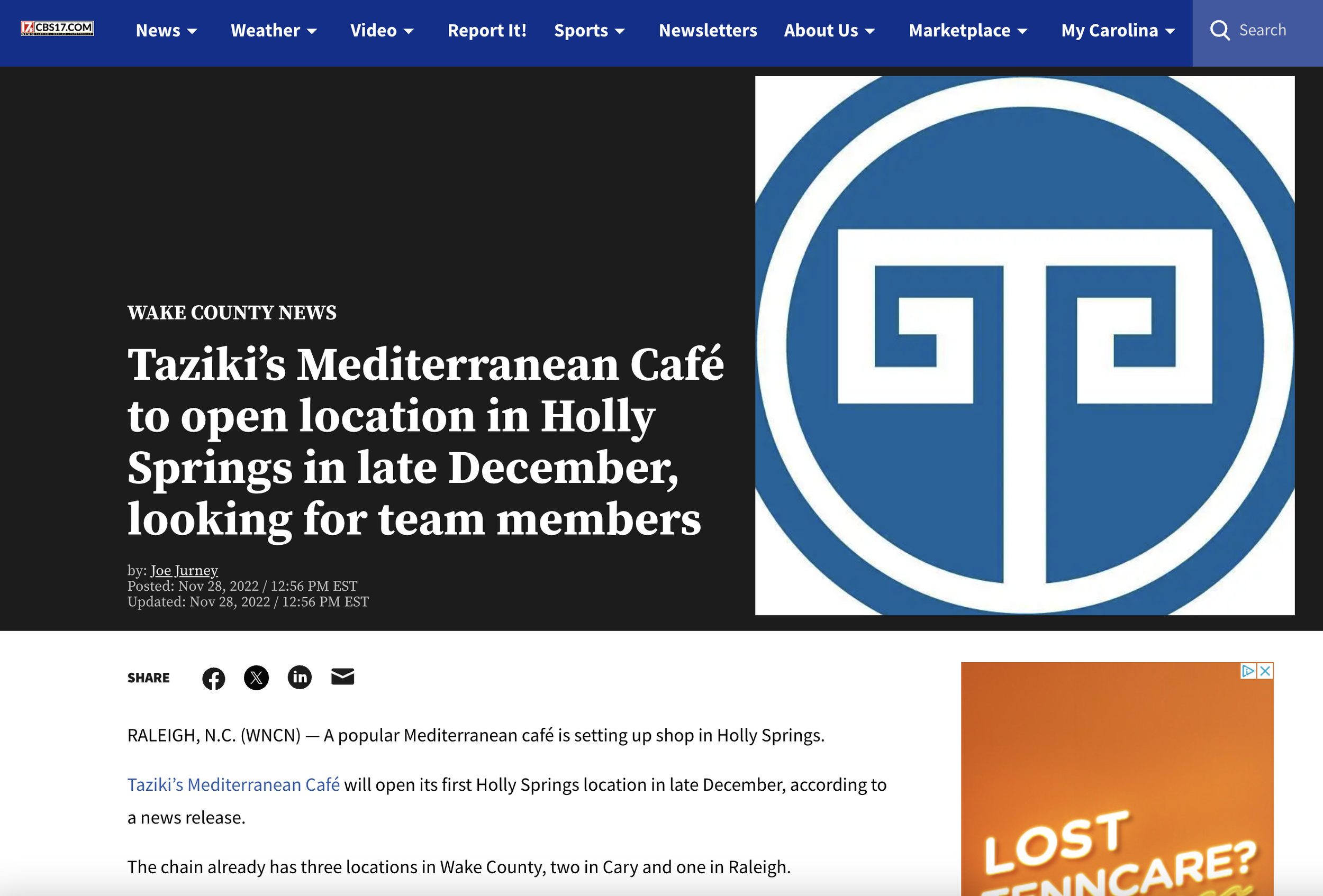 WNCN-TV: Taziki's Mediterranean Café to open location in Holly Springs in late December, looking for team members