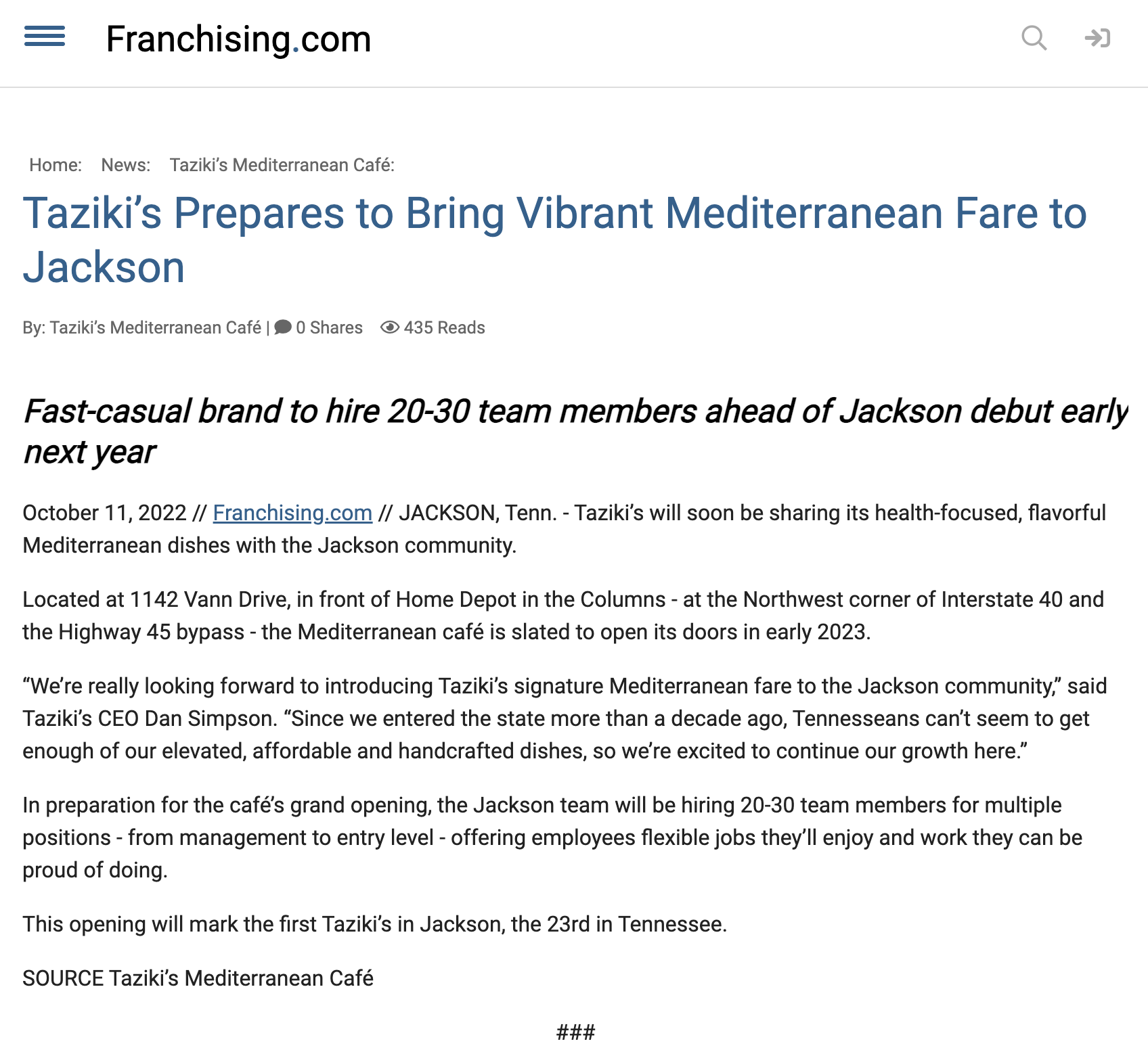 Franchising.com: Taziki’s Prepares to Bring Vibrant Mediterranean Fare to Jackson