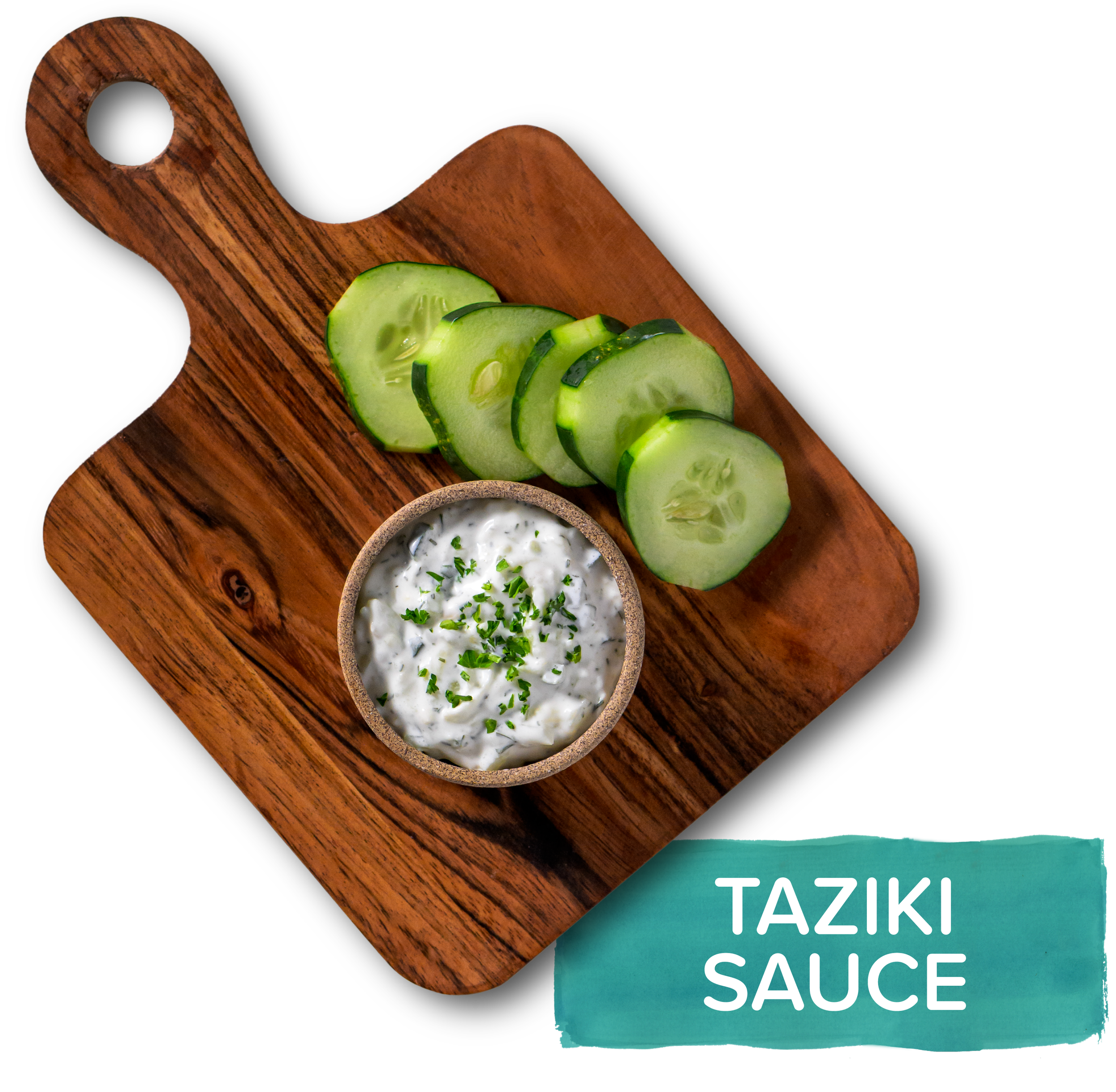 An overhead photo of a small wooden board, with a small dish of creamy sauce and slices of cucumbers beside it on top. Labeled with text saying "Taziki sauce"