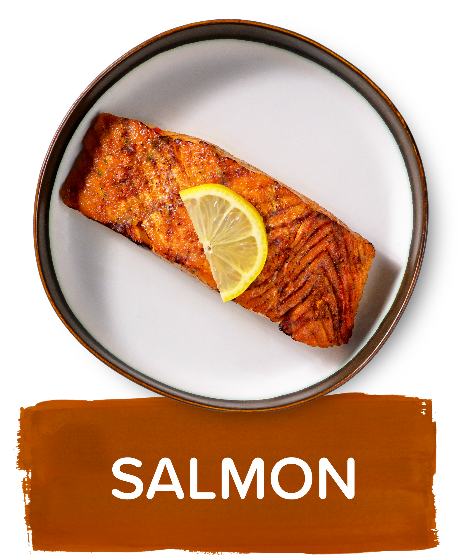 An overhead image of a small plate showing a portion of a succulent piece of cooked salmon with a slice of lemon