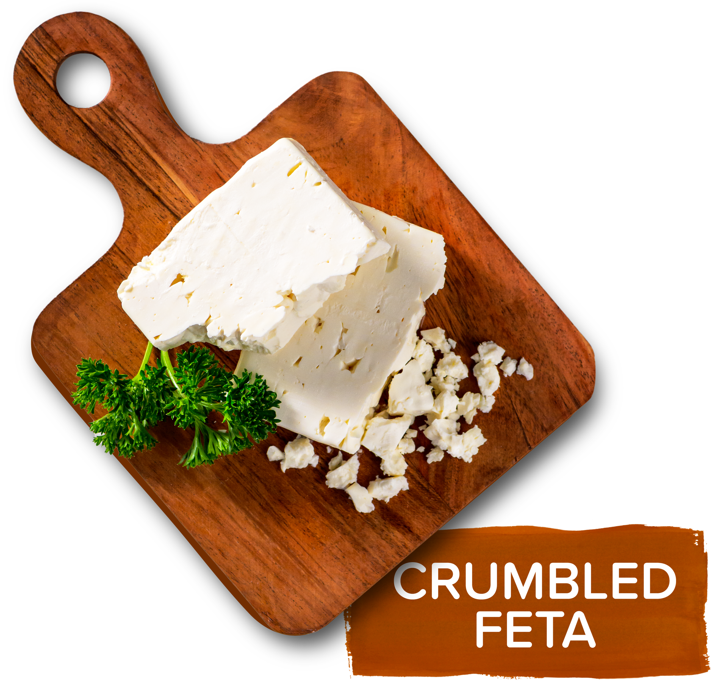 An overhead photo of a small wooden board topped with a chunk of feta cheese, surrounded by smaller crumbled pieces, labeled with text that says "crumbled feta"