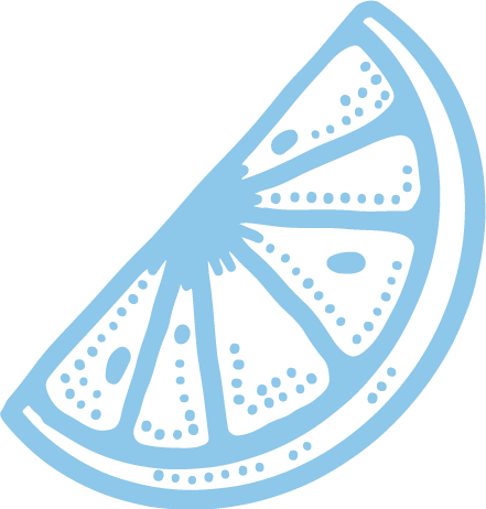 A stylized illustration of a lemon wedge drawn in light blue.