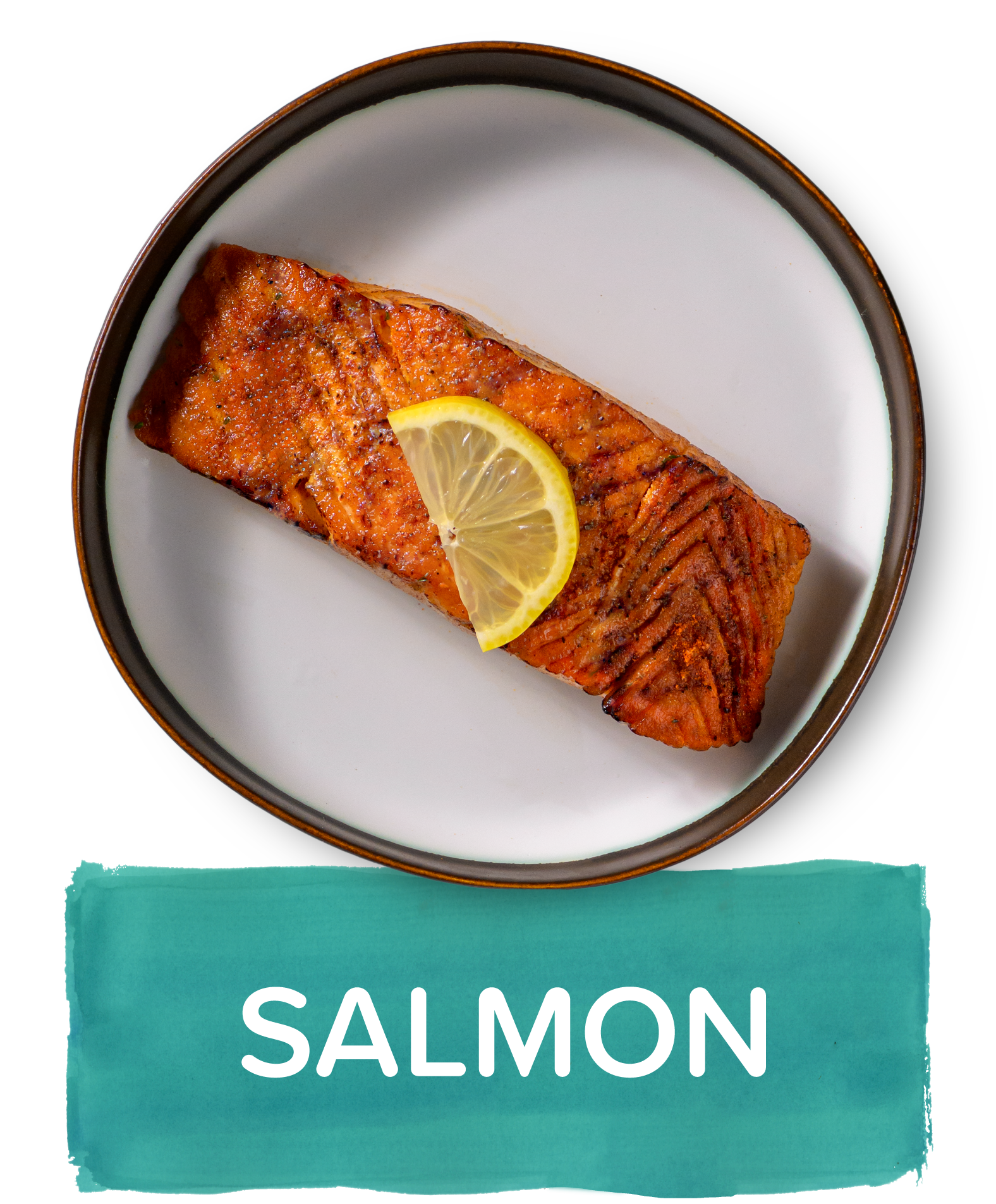 An overhead image of a small plate showing a portion of a succulent piece of cooked salmon with a slice of lemon