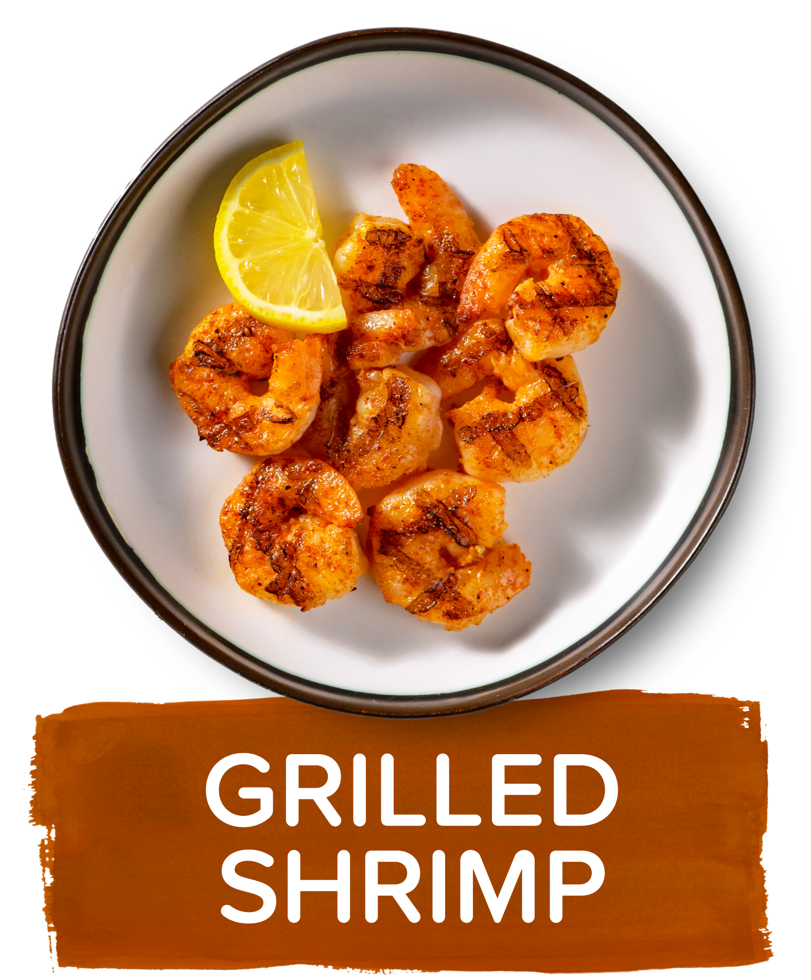 An overhead image of a small plate showing a portion of seven season grilled shrimp with a slice of lemon